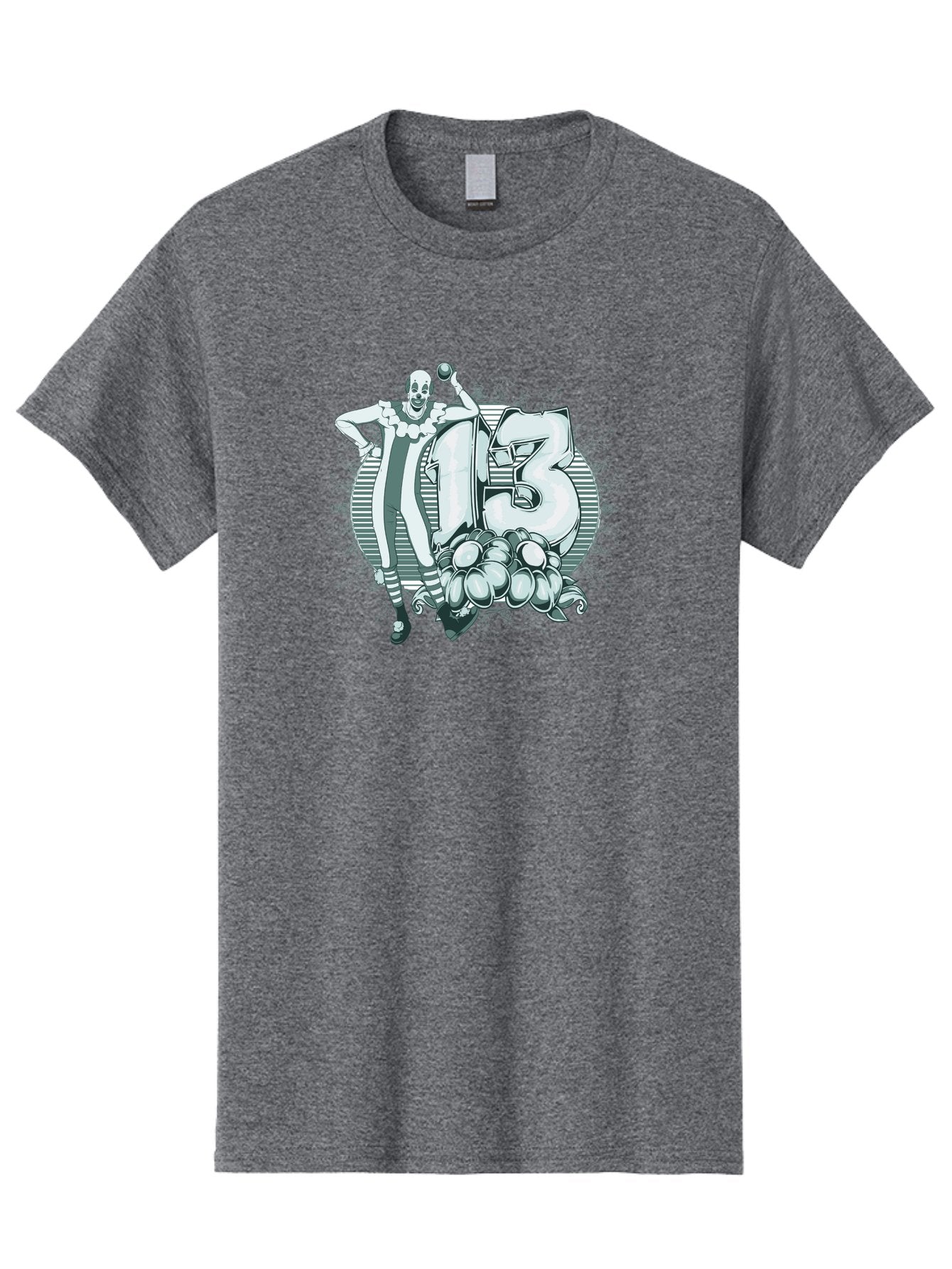 Lucky 13 Clown Men'S Graphic Tee, 100% Cotton, Comfortable Casual Summer Wear, Machine Washable, Clown Illustration, Creepy Clown, Horror Theme, Number 13, Balloon Decoration, Scary Art, Freaky Design, Juggling Balls, Eerie Atmosphere Aae476 14