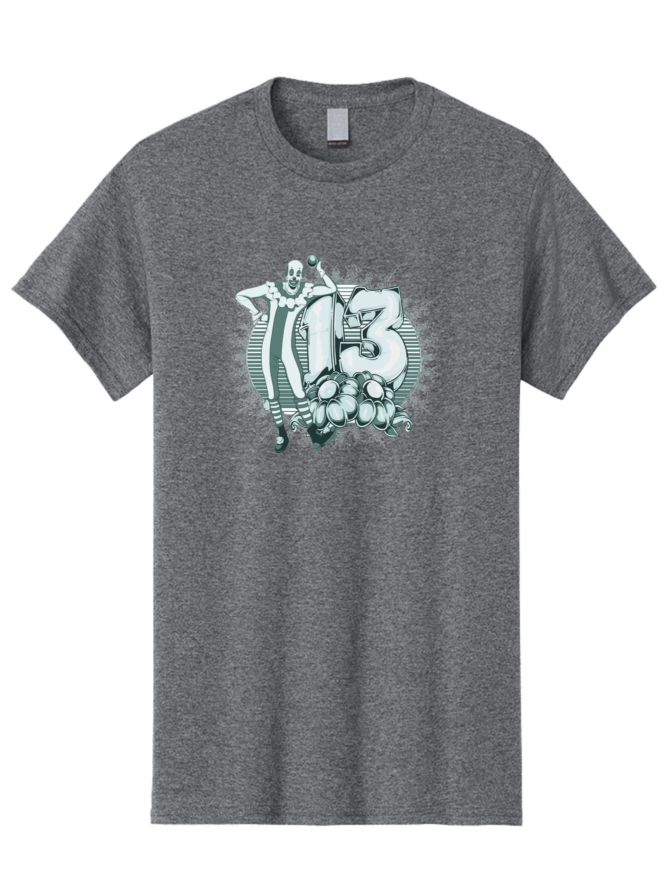Lucky 13 Clown Men'S Graphic Tee, 100% Cotton, Comfortable Casual Summer Wear, Machine Washable, Clown Illustration, Creepy Clown, Horror Theme, Number 13, Balloon Decoration, Scary Art, Freaky Design, Juggling Balls, Eerie Atmosphere Aae476 19