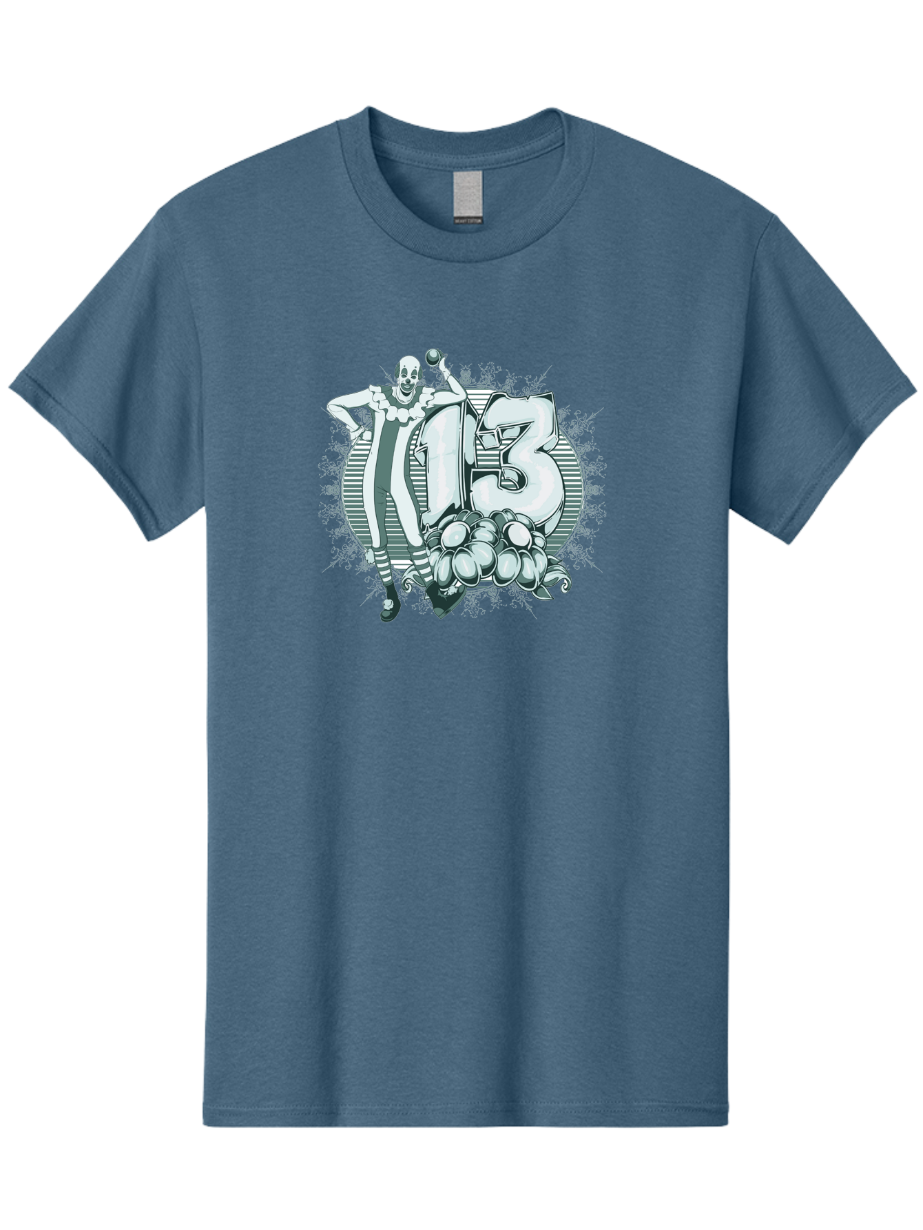 Lucky 13 Clown Men'S Graphic Tee, 100% Cotton, Comfortable Casual Summer Wear, Machine Washable, Clown Illustration, Creepy Clown, Horror Theme, Number 13, Balloon Decoration, Scary Art, Freaky Design, Juggling Balls, Eerie Atmosphere Aae476