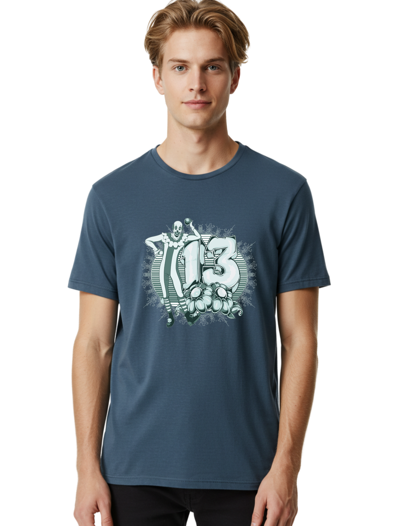 Lucky 13 Clown Men'S Graphic Tee, 100% Cotton, Comfortable Casual Summer Wear, Machine Washable, Clown Illustration, Creepy Clown, Horror Theme, Number 13, Balloon Decoration, Scary Art, Freaky Design, Juggling Balls, Eerie Atmosphere Aae476