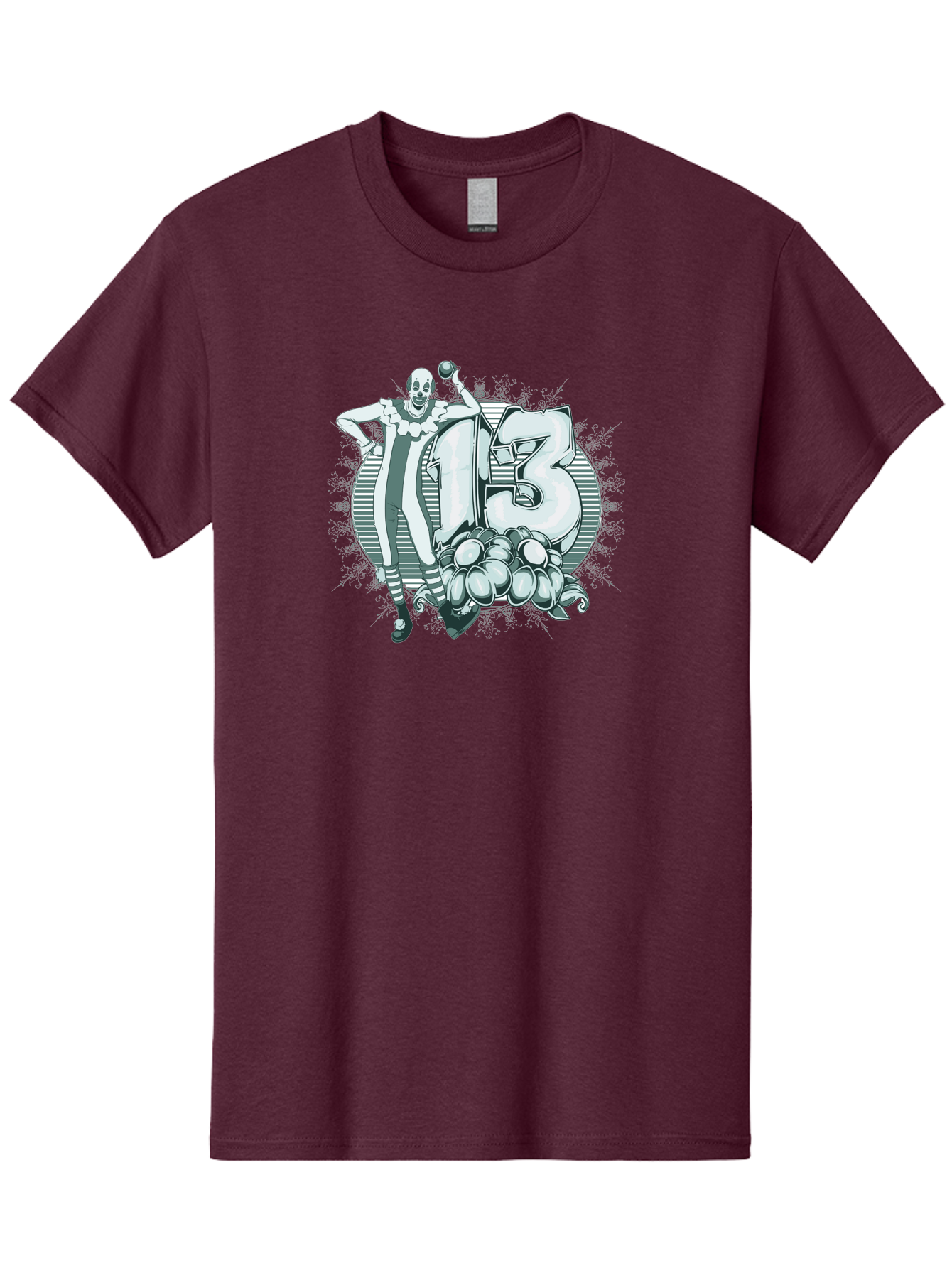 Lucky 13 Clown Men'S Graphic Tee, 100% Cotton, Comfortable Casual Summer Wear, Machine Washable, Clown Illustration, Creepy Clown, Horror Theme, Number 13, Balloon Decoration, Scary Art, Freaky Design, Juggling Balls, Eerie Atmosphere Aae476 5