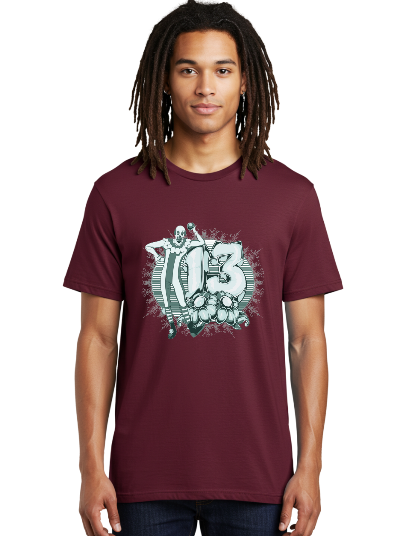 Lucky 13 Clown Men'S Graphic Tee, 100% Cotton, Comfortable Casual Summer Wear, Machine Washable, Clown Illustration, Creepy Clown, Horror Theme, Number 13, Balloon Decoration, Scary Art, Freaky Design, Juggling Balls, Eerie Atmosphere Aae476 6