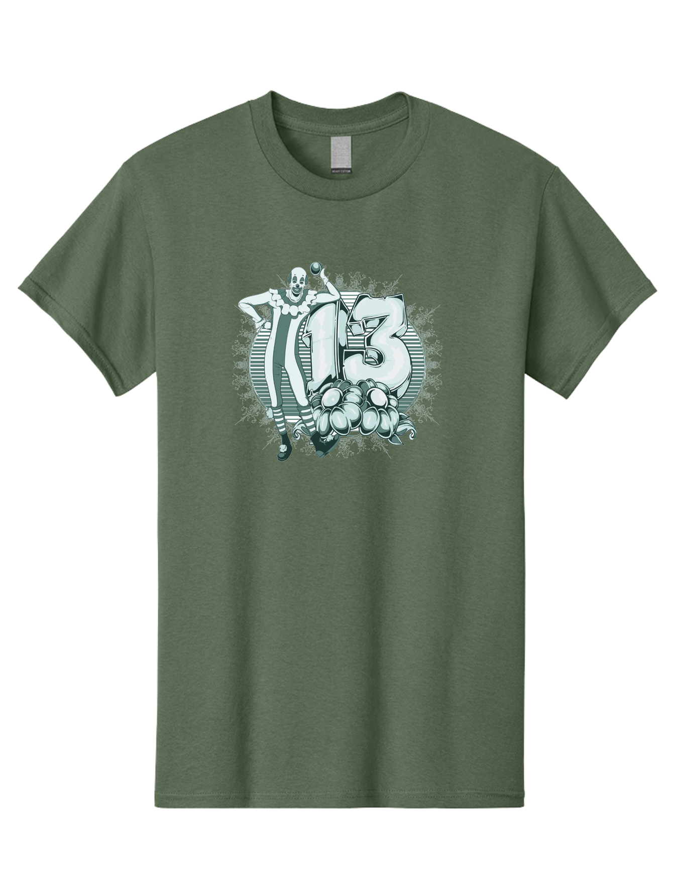 Lucky 13 Clown Men'S Graphic Tee, 100% Cotton, Comfortable Casual Summer Wear, Machine Washable, Clown Illustration, Creepy Clown, Horror Theme, Number 13, Balloon Decoration, Scary Art, Freaky Design, Juggling Balls, Eerie Atmosphere Aae476 11
