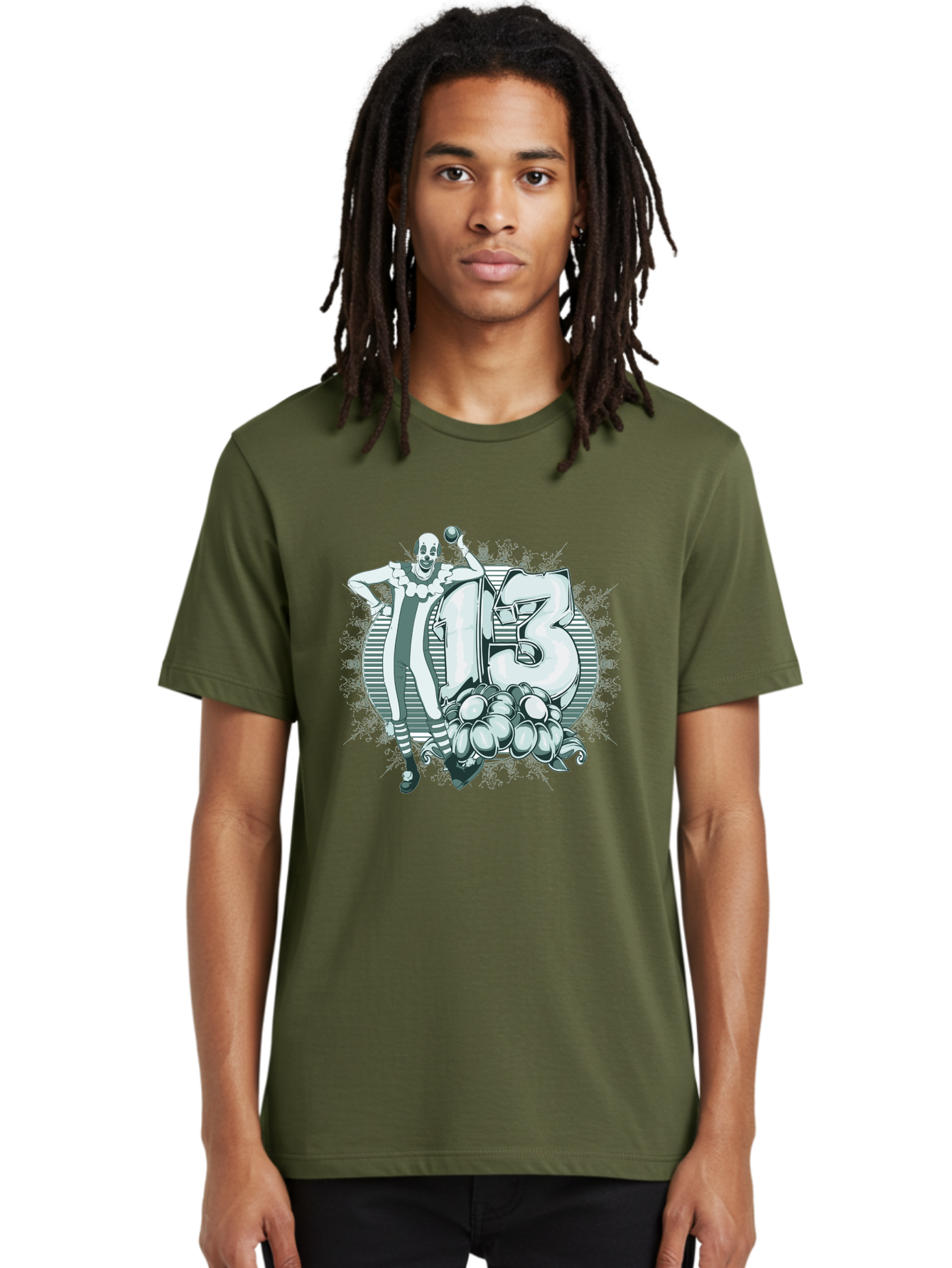 Lucky 13 Clown Men'S Graphic Tee, 100% Cotton, Comfortable Casual Summer Wear, Machine Washable, Clown Illustration, Creepy Clown, Horror Theme, Number 13, Balloon Decoration, Scary Art, Freaky Design, Juggling Balls, Eerie Atmosphere Aae476 12