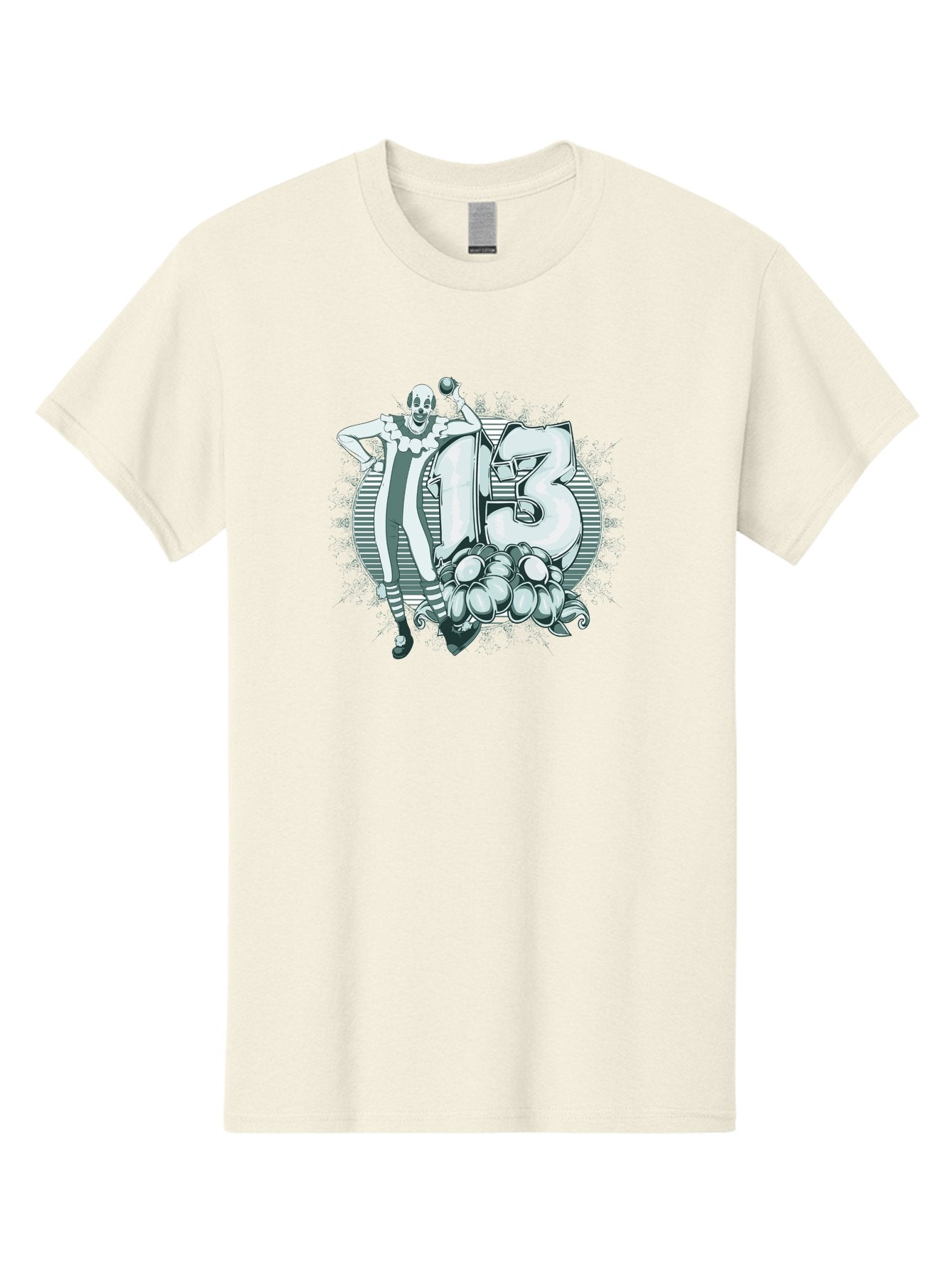 Lucky 13 Clown Men'S Graphic Tee, 100% Cotton, Comfortable Casual Summer Wear, Machine Washable, Clown Illustration, Creepy Clown, Horror Theme, Number 13, Balloon Decoration, Scary Art, Freaky Design, Juggling Balls, Eerie Atmosphere Aae476