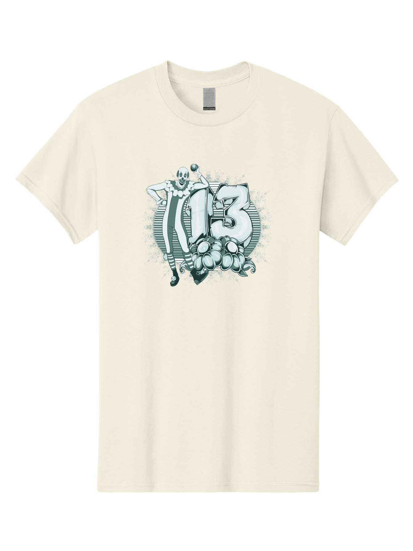Lucky 13 Clown Men'S Graphic Tee, 100% Cotton, Comfortable Casual Summer Wear, Machine Washable, Clown Illustration, Creepy Clown, Horror Theme, Number 13, Balloon Decoration, Scary Art, Freaky Design, Juggling Balls, Eerie Atmosphere Aae476 9