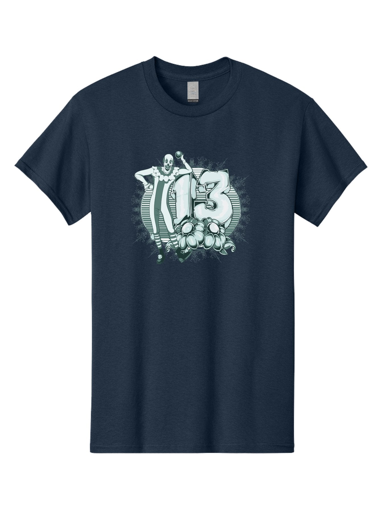 Lucky 13 Clown Men'S Graphic Tee, 100% Cotton, Comfortable Casual Summer Wear, Machine Washable, Clown Illustration, Creepy Clown, Horror Theme, Number 13, Balloon Decoration, Scary Art, Freaky Design, Juggling Balls, Eerie Atmosphere Aae476 7