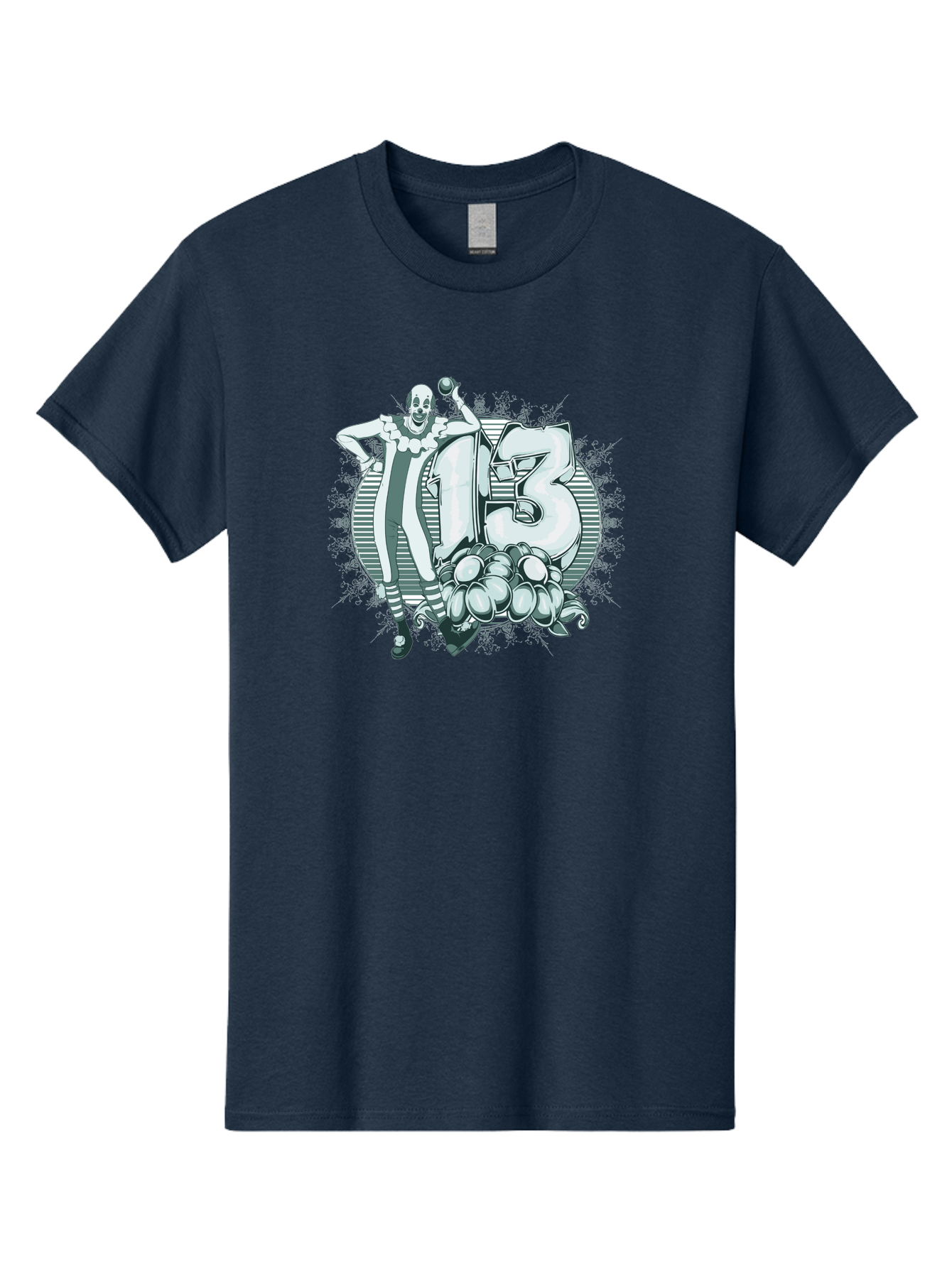 Lucky 13 Clown Men'S Graphic Tee, 100% Cotton, Comfortable Casual Summer Wear, Machine Washable, Clown Illustration, Creepy Clown, Horror Theme, Number 13, Balloon Decoration, Scary Art, Freaky Design, Juggling Balls, Eerie Atmosphere Aae476 29