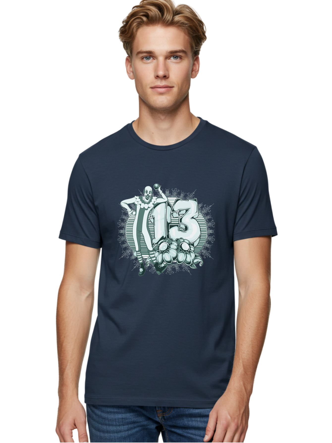 Lucky 13 Clown Men'S Graphic Tee, 100% Cotton, Comfortable Casual Summer Wear, Machine Washable, Clown Illustration, Creepy Clown, Horror Theme, Number 13, Balloon Decoration, Scary Art, Freaky Design, Juggling Balls, Eerie Atmosphere Aae476 30