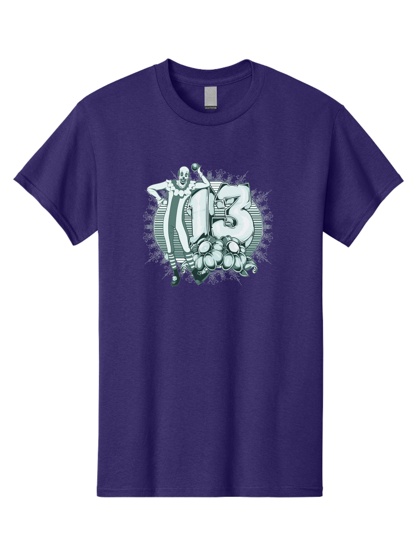 Lucky 13 Clown Men'S Graphic Tee, 100% Cotton, Comfortable Casual Summer Wear, Machine Washable, Clown Illustration, Creepy Clown, Horror Theme, Number 13, Balloon Decoration, Scary Art, Freaky Design, Juggling Balls, Eerie Atmosphere Aae476 27
