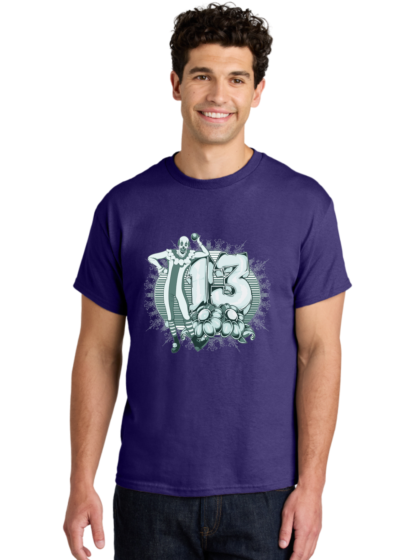 Lucky 13 Clown Men'S Graphic Tee, 100% Cotton, Comfortable Casual Summer Wear, Machine Washable, Clown Illustration, Creepy Clown, Horror Theme, Number 13, Balloon Decoration, Scary Art, Freaky Design, Juggling Balls, Eerie Atmosphere Aae476 28