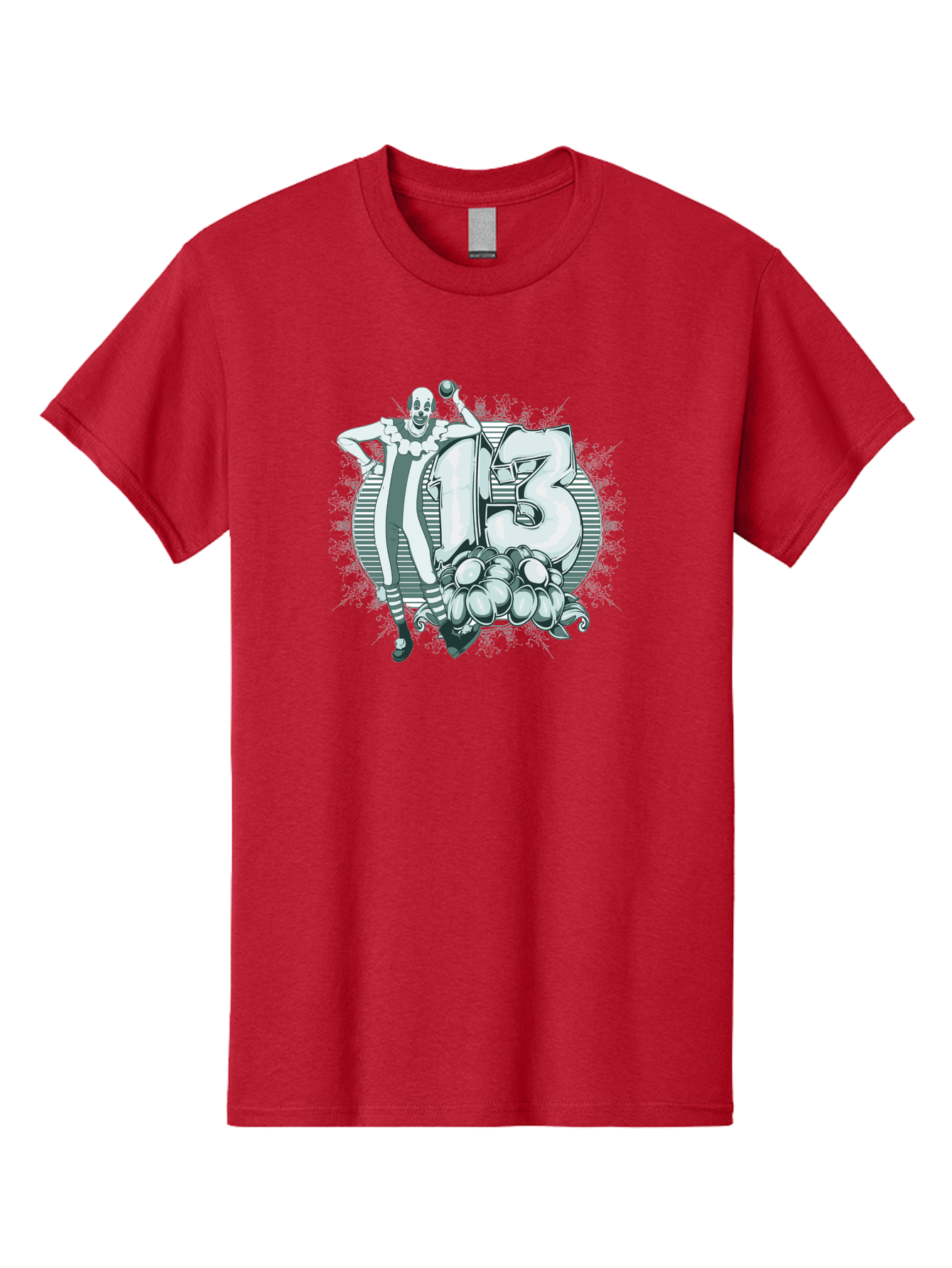 Lucky 13 Clown Men'S Graphic Tee, 100% Cotton, Comfortable Casual Summer Wear, Machine Washable, Clown Illustration, Creepy Clown, Horror Theme, Number 13, Balloon Decoration, Scary Art, Freaky Design, Juggling Balls, Eerie Atmosphere Aae476 17