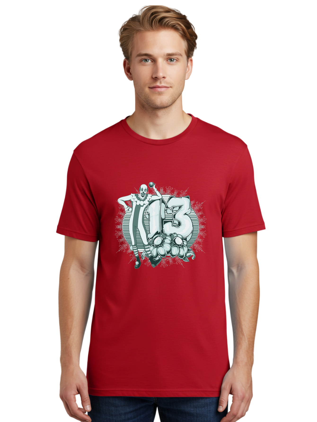 Lucky 13 Clown Men'S Graphic Tee, 100% Cotton, Comfortable Casual Summer Wear, Machine Washable, Clown Illustration, Creepy Clown, Horror Theme, Number 13, Balloon Decoration, Scary Art, Freaky Design, Juggling Balls, Eerie Atmosphere Aae476 18