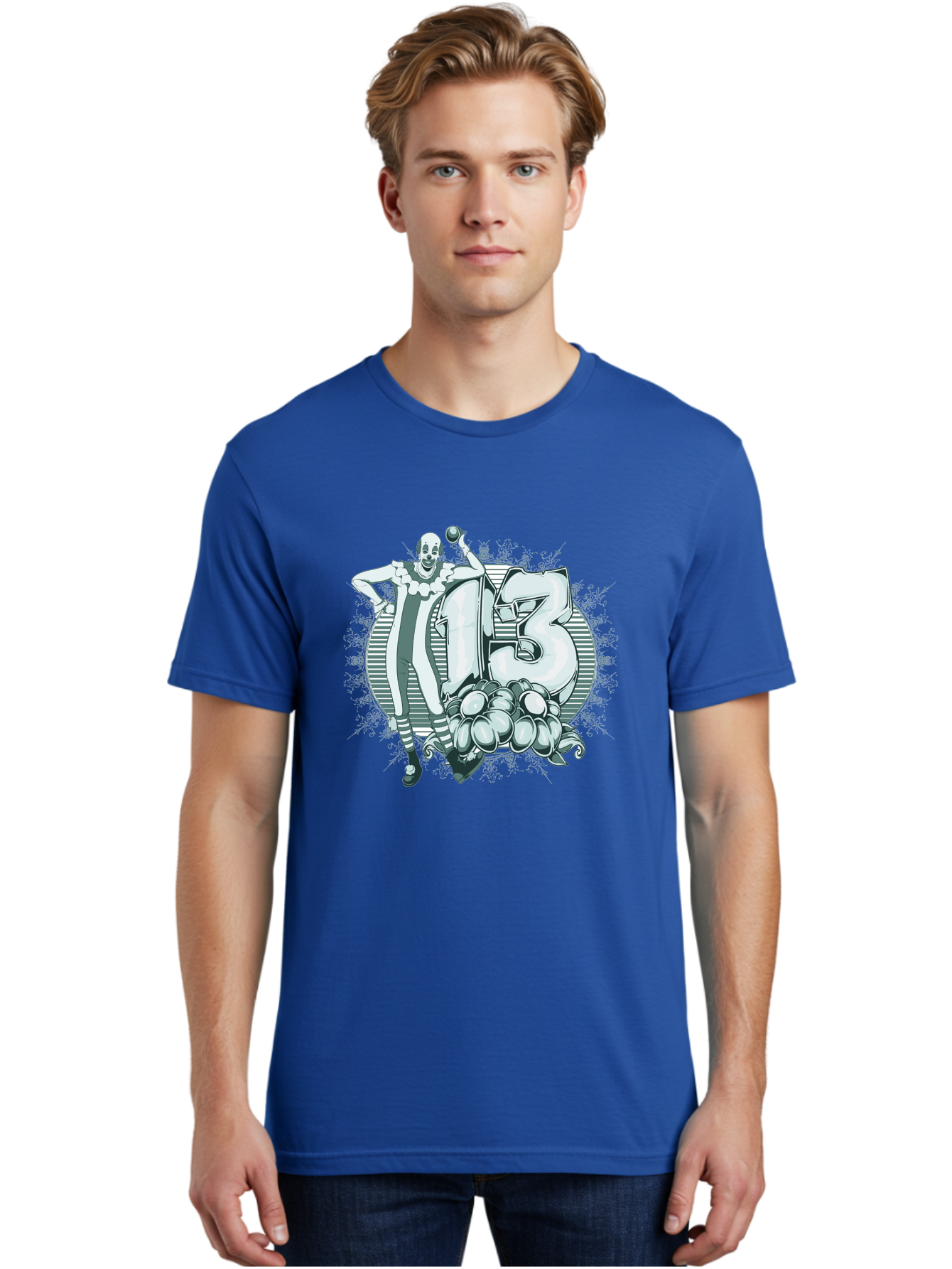 Lucky 13 Clown Men'S Graphic Tee, 100% Cotton, Comfortable Casual Summer Wear, Machine Washable, Clown Illustration, Creepy Clown, Horror Theme, Number 13, Balloon Decoration, Scary Art, Freaky Design, Juggling Balls, Eerie Atmosphere Aae476 8