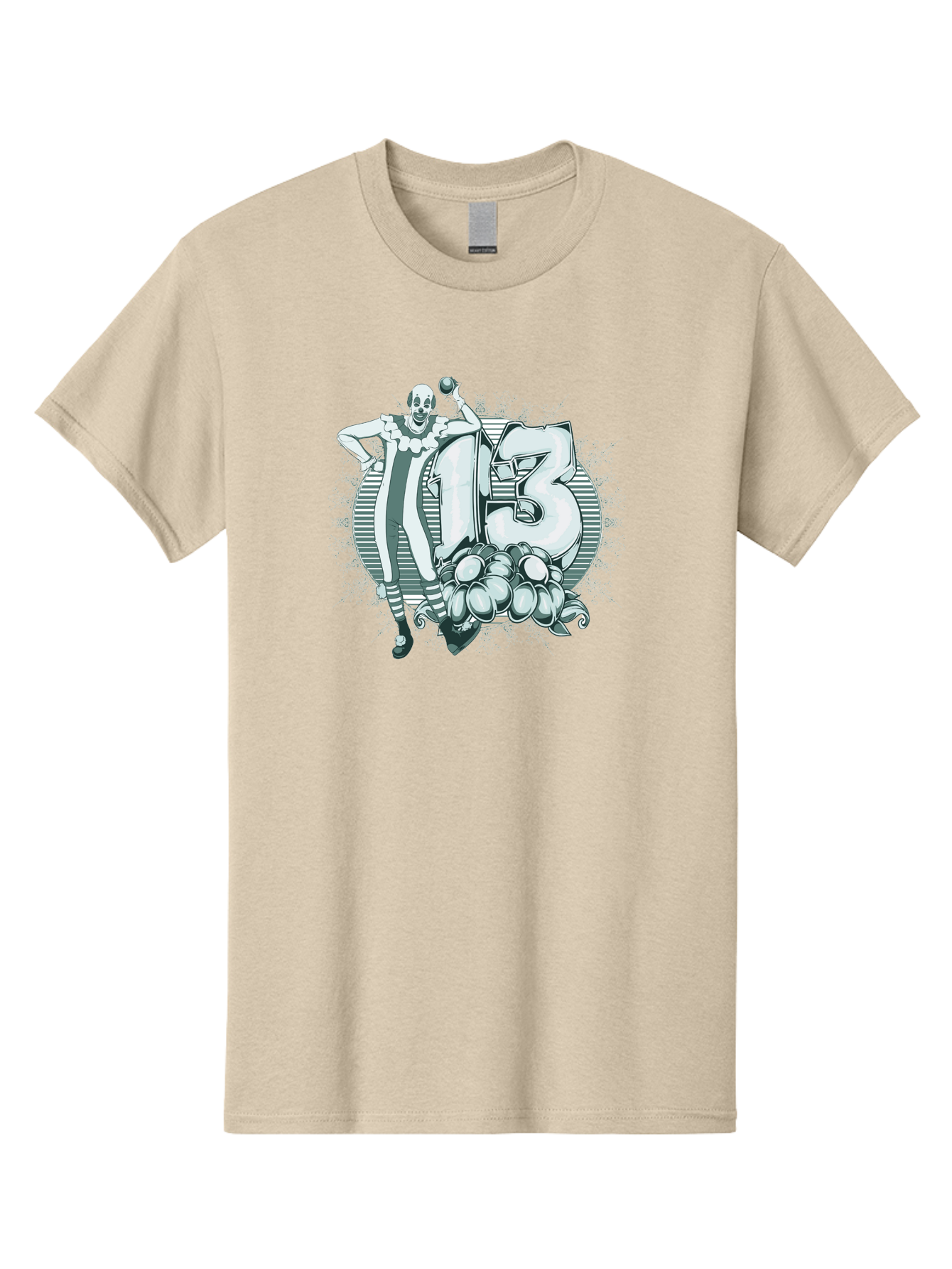 Lucky 13 Clown Men'S Graphic Tee, 100% Cotton, Comfortable Casual Summer Wear, Machine Washable, Clown Illustration, Creepy Clown, Horror Theme, Number 13, Balloon Decoration, Scary Art, Freaky Design, Juggling Balls, Eerie Atmosphere Aae476 21