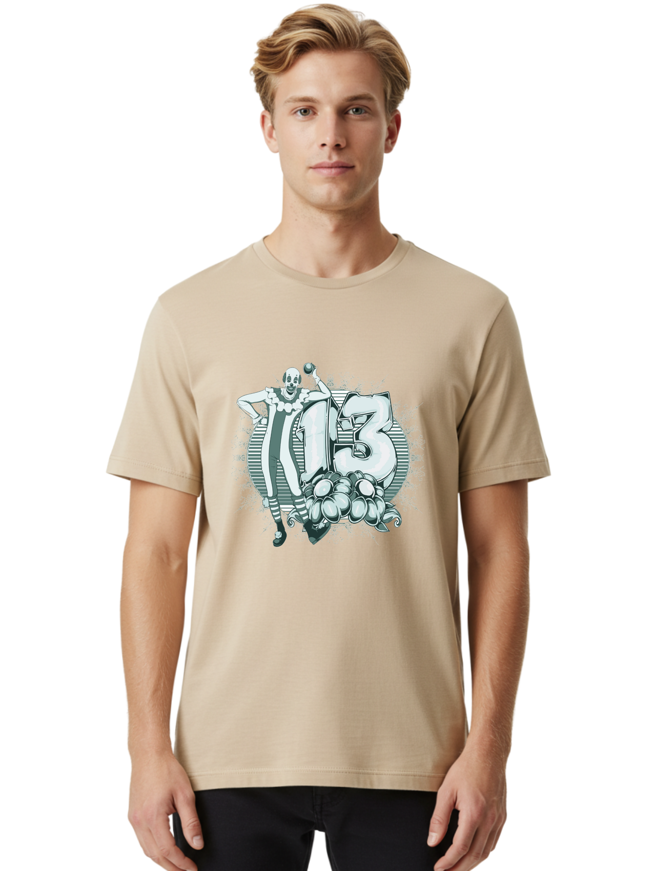 Lucky 13 Clown Men'S Graphic Tee, 100% Cotton, Comfortable Casual Summer Wear, Machine Washable, Clown Illustration, Creepy Clown, Horror Theme, Number 13, Balloon Decoration, Scary Art, Freaky Design, Juggling Balls, Eerie Atmosphere Aae476 22