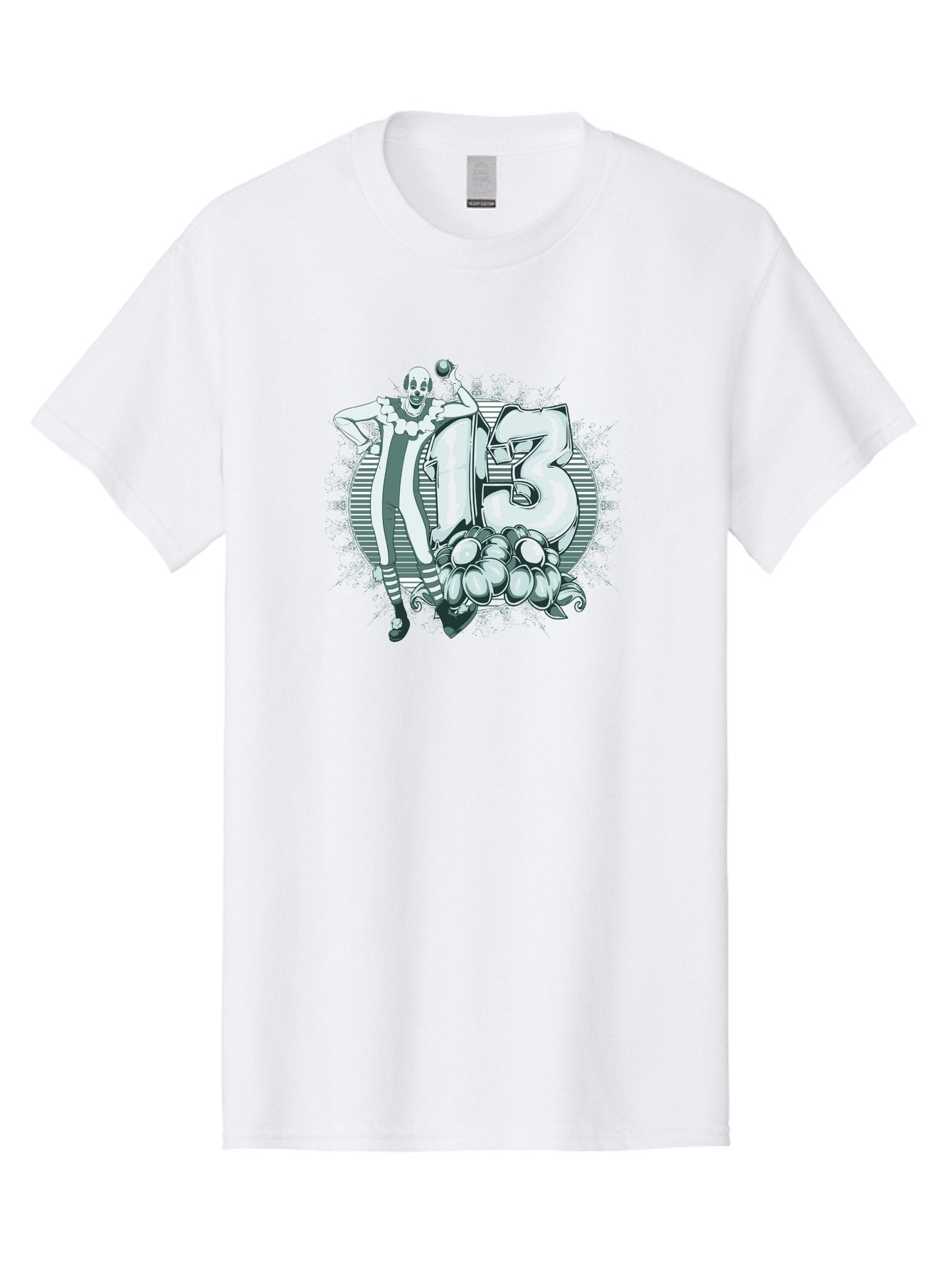 Lucky 13 Clown Men'S Graphic Tee, 100% Cotton, Comfortable Casual Summer Wear, Machine Washable, Clown Illustration, Creepy Clown, Horror Theme, Number 13, Balloon Decoration, Scary Art, Freaky Design, Juggling Balls, Eerie Atmosphere Aae476 9