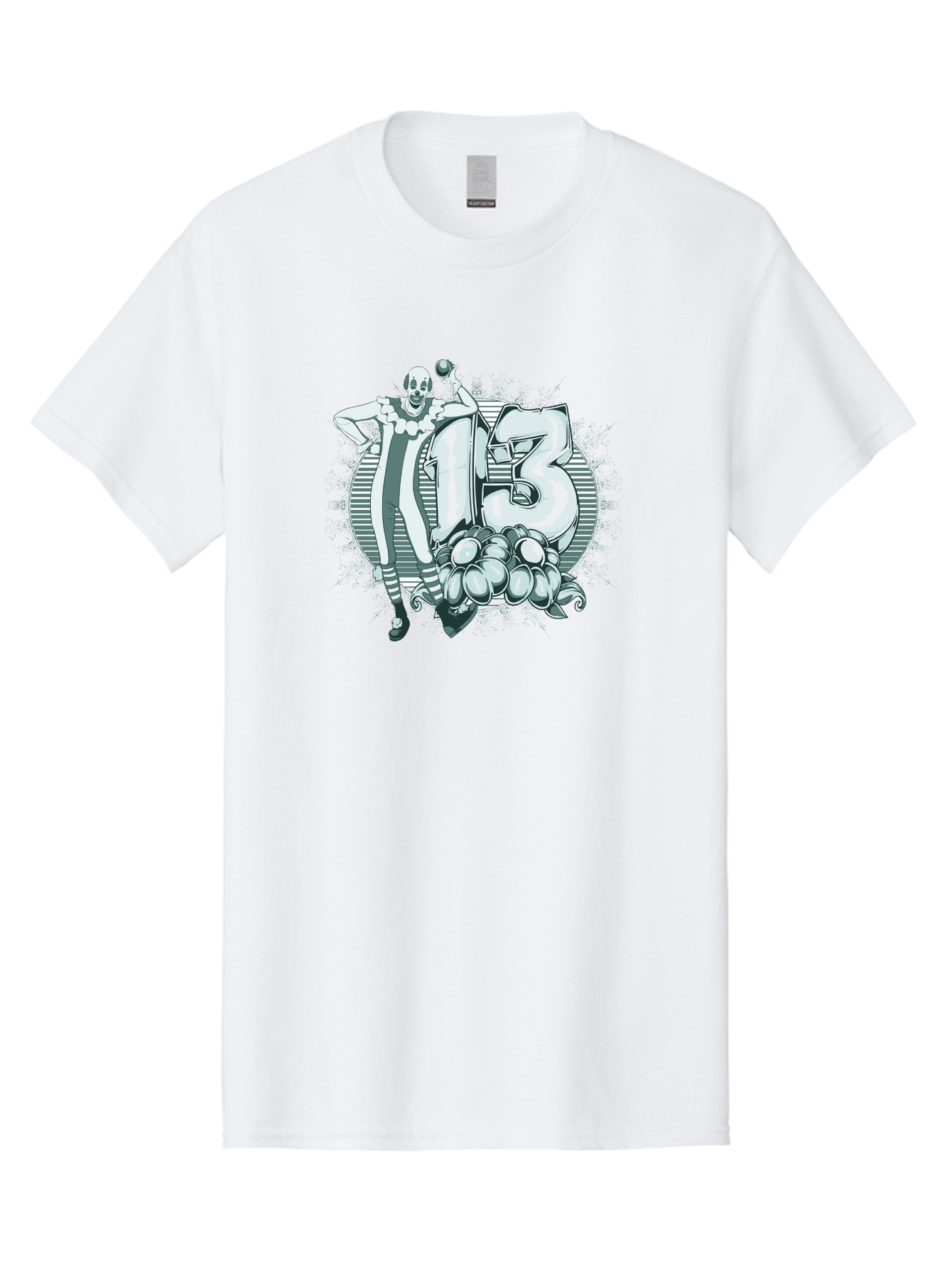 Lucky 13 Clown Men'S Graphic Tee, 100% Cotton, Comfortable Casual Summer Wear, Machine Washable, Clown Illustration, Creepy Clown, Horror Theme, Number 13, Balloon Decoration, Scary Art, Freaky Design, Juggling Balls, Eerie Atmosphere Aae476 23