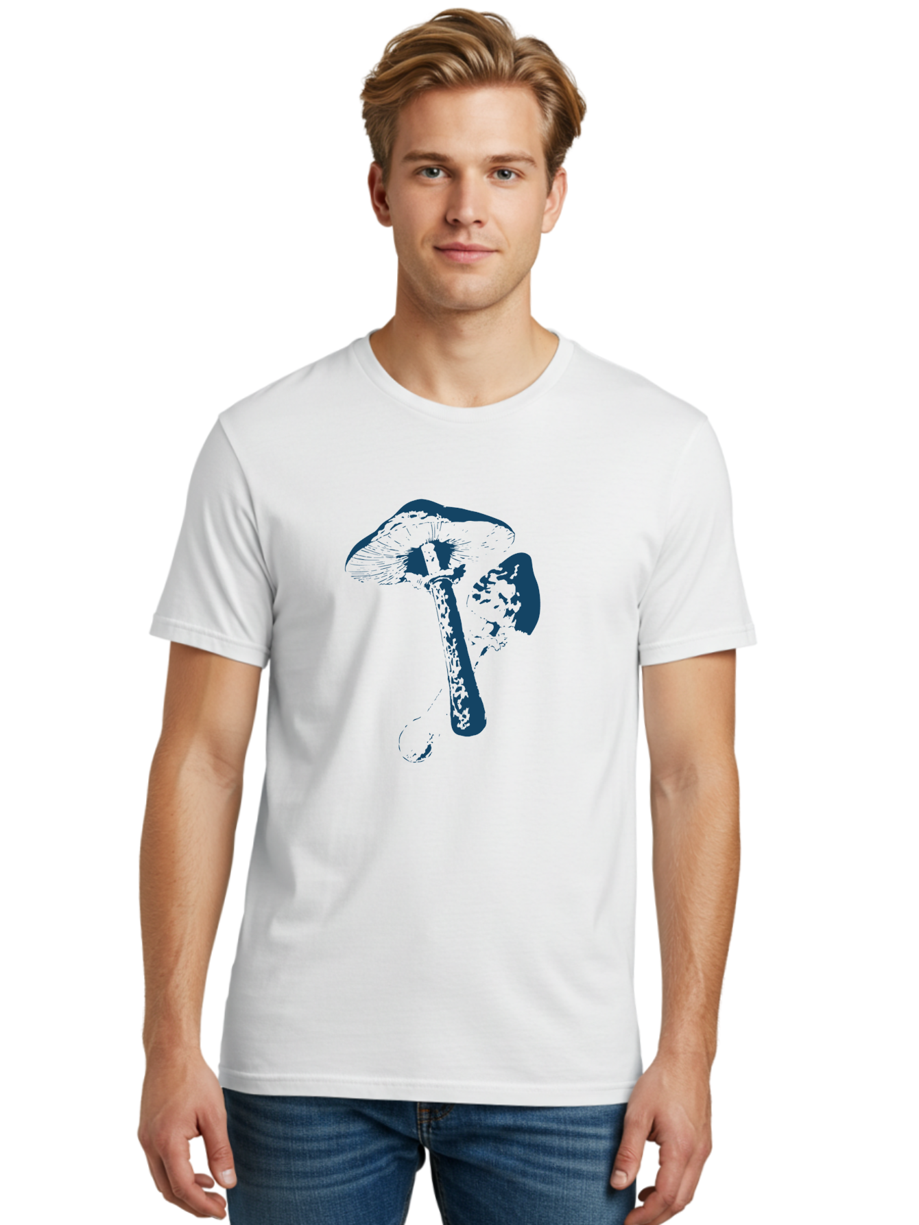 Magic Mushroom Art Men'S Graphic Tee, 100% Cotton, Comfortable Casual Summer Wear, Machine Washable, Mushroom Illustration, Dark Blue Fungi, Nature Artwork, Botanical Design, Whimsical Style, Mystic Vibes, Fungal Art, Psychedelic Visuals Aae484 18
