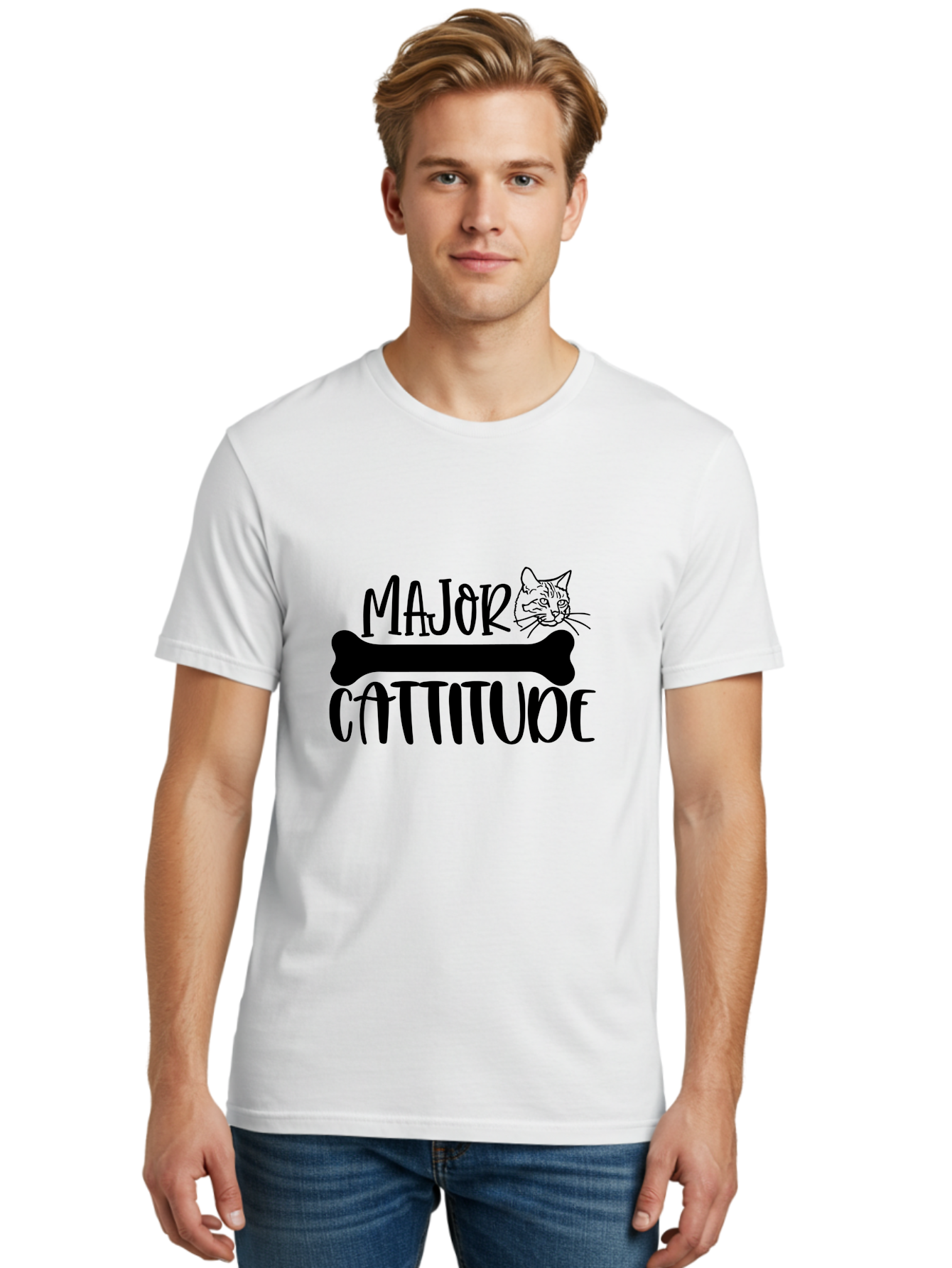 Major Cattitude Men'S Graphic Tee, 100% Cotton, Comfortable Casual Summer Wear, Machine Washable, Fun Cat Design, Cat Attitude, Cat Lover Gift, Funny Cat Quote, Cat Phrase, Dog Bone Illustration, Cat Face, Quirky Humor, Cat Personality Aae486
