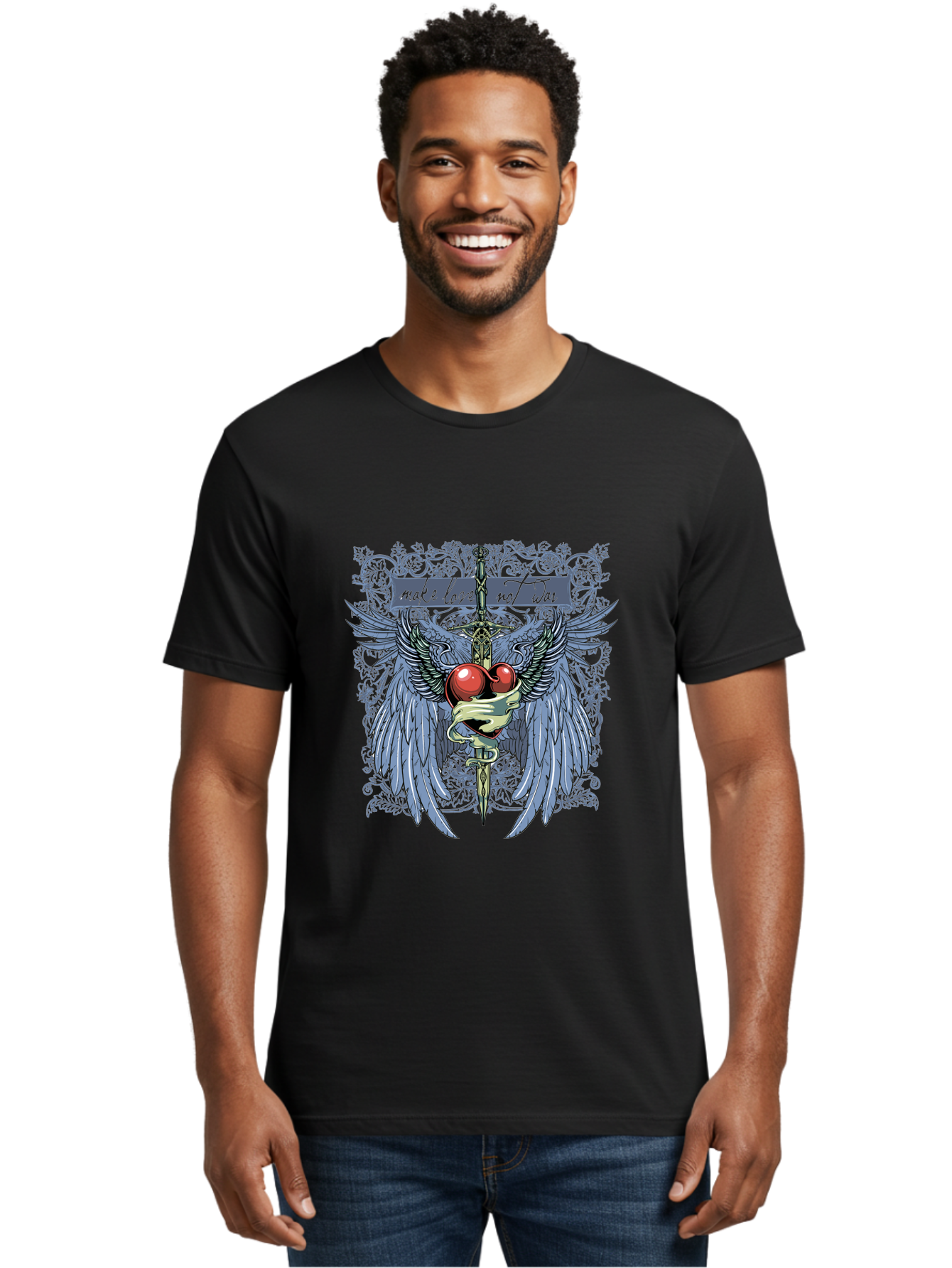 Make Love Not War Men'S Graphic Tee, 100% Cotton, Comfortable Casual Summer Wear, Machine Washable, Dagger, Two Hearts, Wings, Snake Wrapped, Symbolic Imagery, Mystical Artwork, Love, Evil, Heartbreak, Emotional Symbolism, Gothic Art Aae488 24