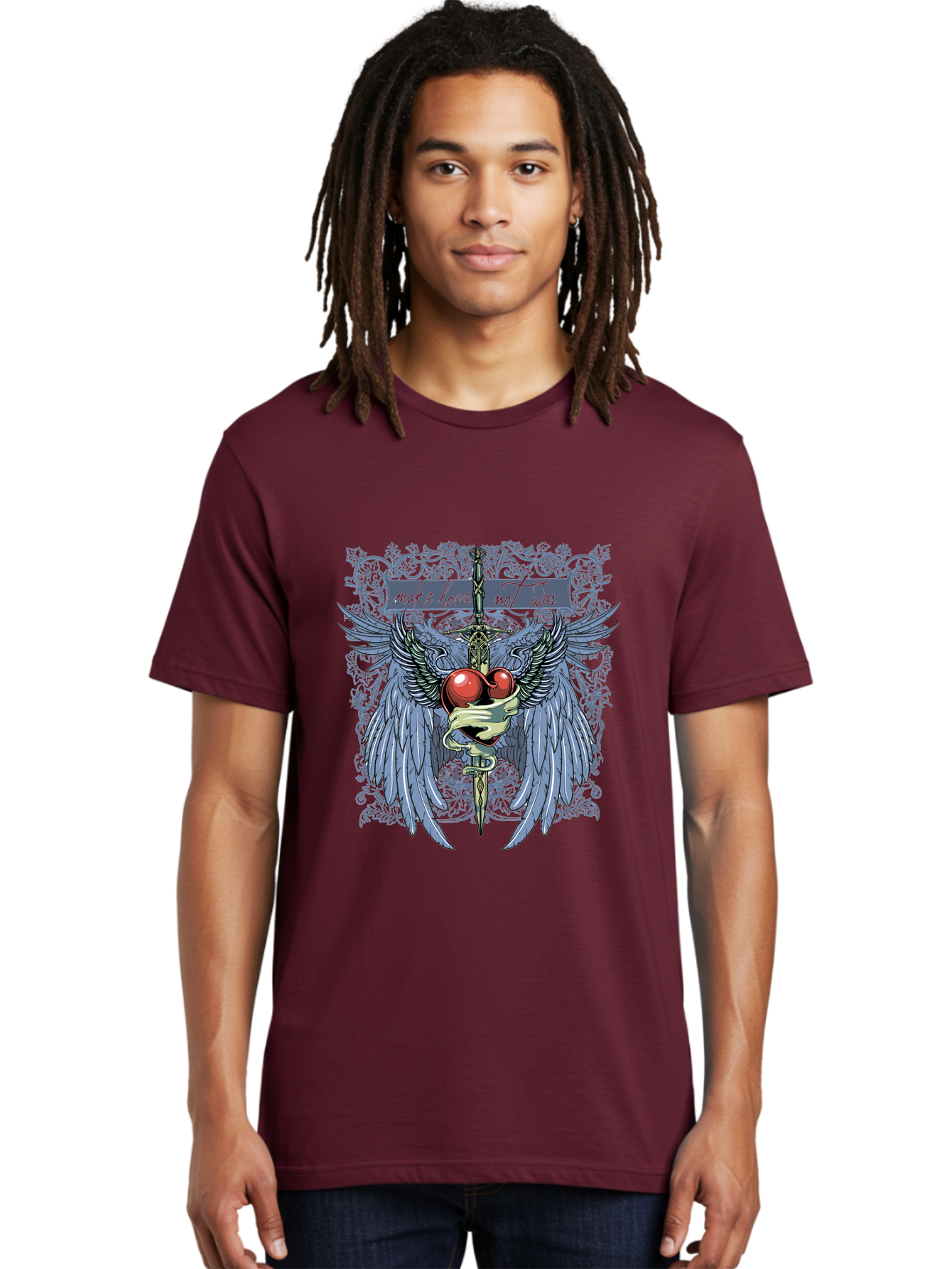 Make Love Not War Men'S Graphic Tee, 100% Cotton, Comfortable Casual Summer Wear, Machine Washable, Dagger, Two Hearts, Wings, Snake Wrapped, Symbolic Imagery, Mystical Artwork, Love, Evil, Heartbreak, Emotional Symbolism, Gothic Art Aae488 28