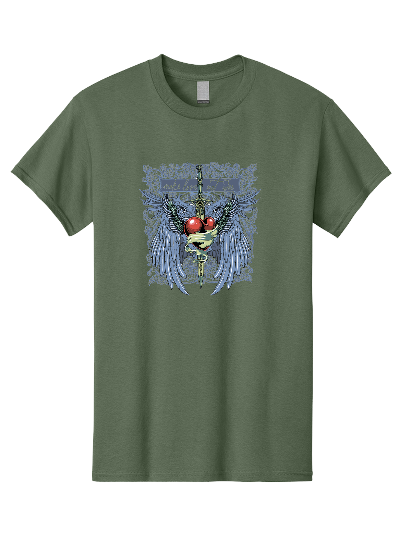Make Love Not War Men'S Graphic Tee, 100% Cotton, Comfortable Casual Summer Wear, Machine Washable, Dagger, Two Hearts, Wings, Snake Wrapped, Symbolic Imagery, Mystical Artwork, Love, Evil, Heartbreak, Emotional Symbolism, Gothic Art Aae488 21