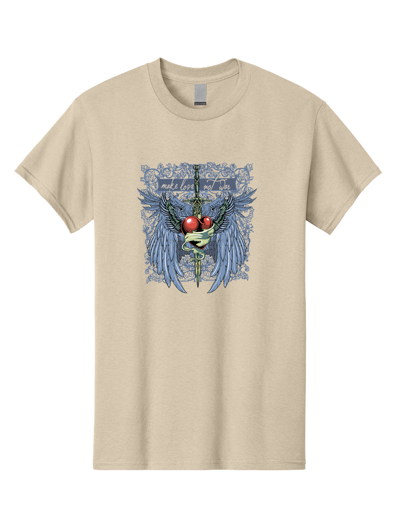 Make Love Not War Men'S Graphic Tee, 100% Cotton, Comfortable Casual Summer Wear, Machine Washable, Dagger, Two Hearts, Wings, Snake Wrapped, Symbolic Imagery, Mystical Artwork, Love, Evil, Heartbreak, Emotional Symbolism, Gothic Art Aae488