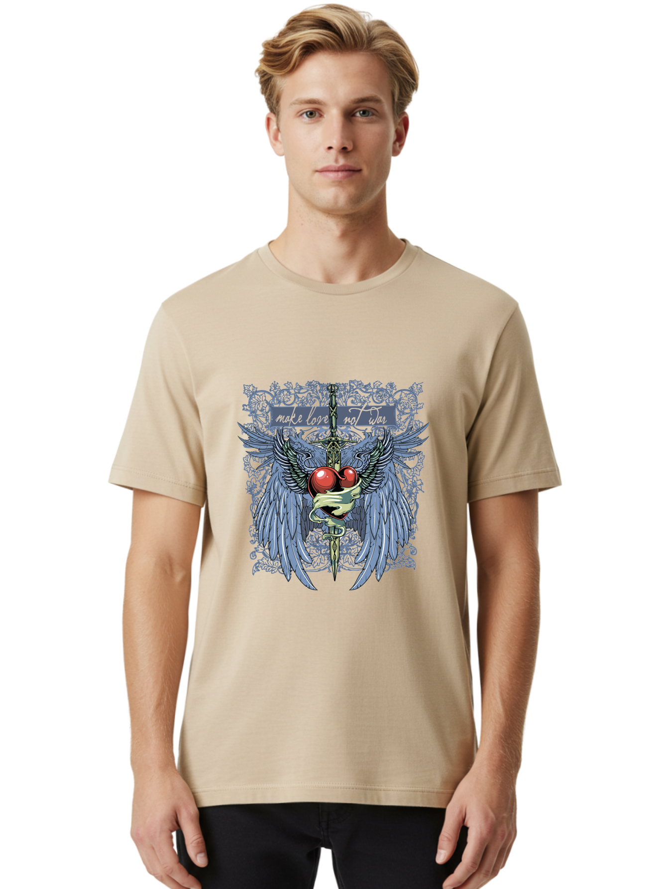 Make Love Not War Men'S Graphic Tee, 100% Cotton, Comfortable Casual Summer Wear, Machine Washable, Dagger, Two Hearts, Wings, Snake Wrapped, Symbolic Imagery, Mystical Artwork, Love, Evil, Heartbreak, Emotional Symbolism, Gothic Art Aae488