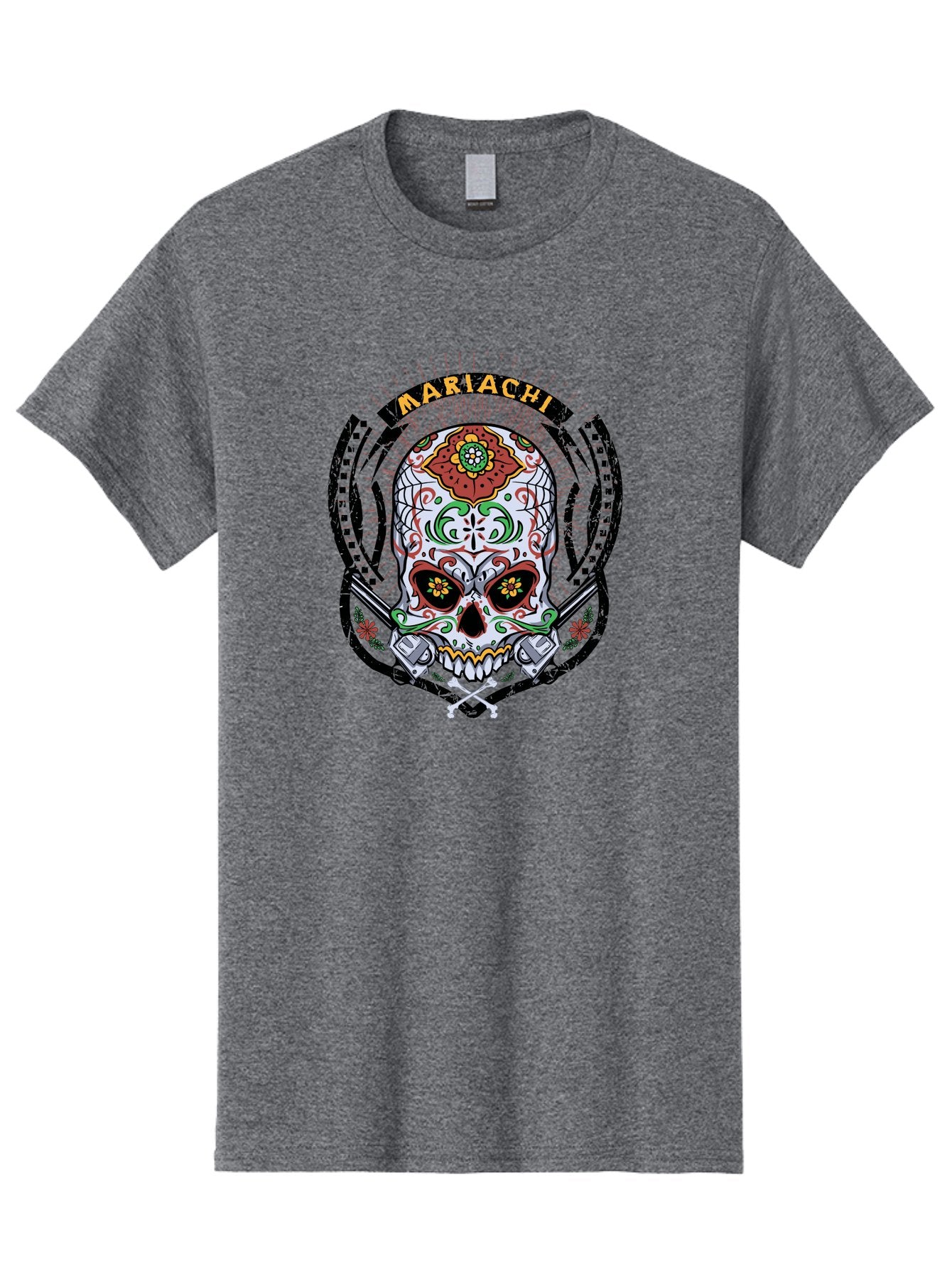 Mariachi Of The Dead Men'S Graphic Tee, 100% Cotton, Comfortable Casual Summer Wear, Machine Washable, Sugar Skull, Mariachi Theme, Floral Designs, Guns, Crossbones, Vibrant Colors, Mexican Culture, Day Of The Dead, Skull Art, Ornate Details, Aae490 12