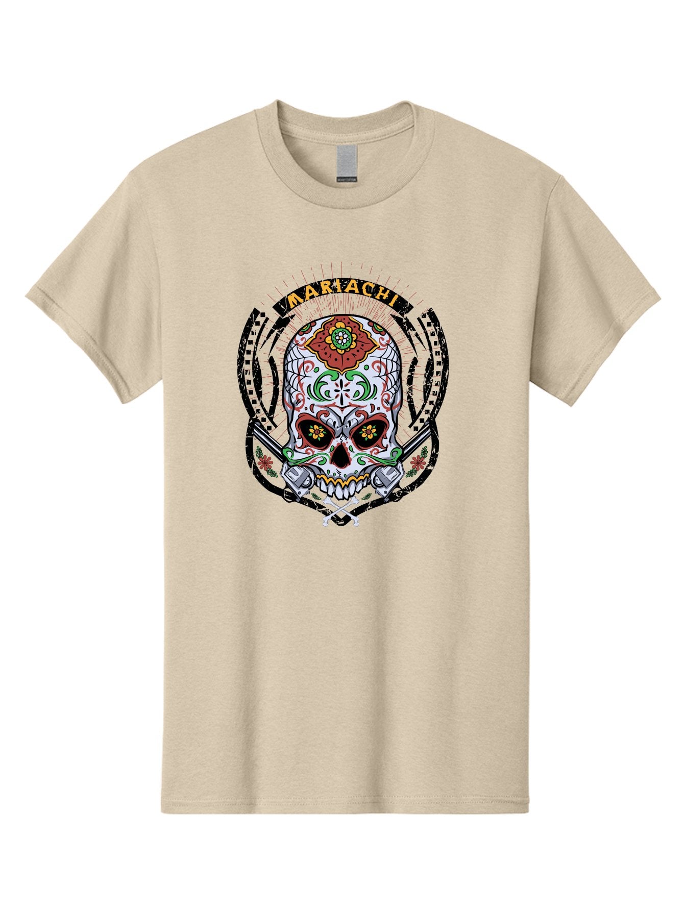 Mariachi Of The Dead Men'S Graphic Tee, 100% Cotton, Comfortable Casual Summer Wear, Machine Washable, Sugar Skull, Mariachi Theme, Floral Designs, Guns, Crossbones, Vibrant Colors, Mexican Culture, Day Of The Dead, Skull Art, Ornate Details, Aae490