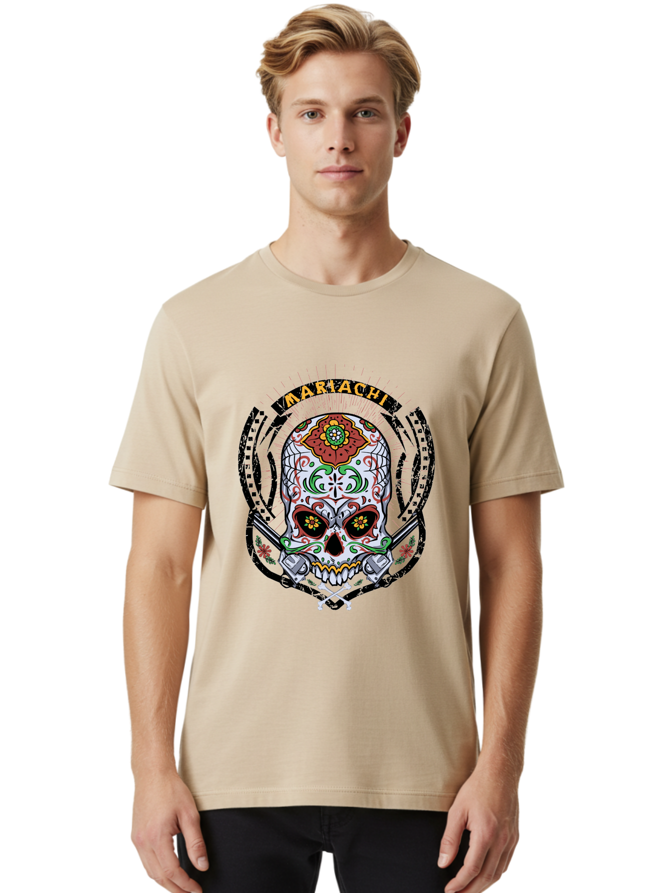 Mariachi Of The Dead Men'S Graphic Tee, 100% Cotton, Comfortable Casual Summer Wear, Machine Washable, Sugar Skull, Mariachi Theme, Floral Designs, Guns, Crossbones, Vibrant Colors, Mexican Culture, Day Of The Dead, Skull Art, Ornate Details, Aae490 18