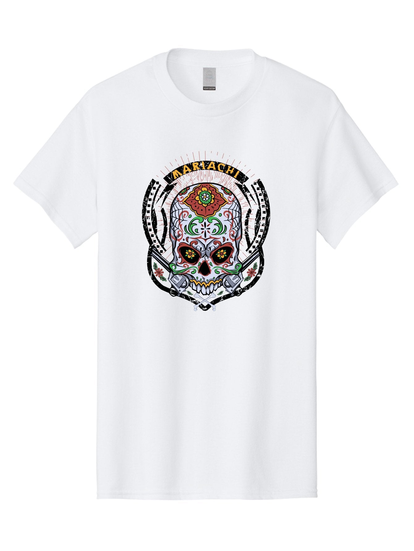 Mariachi Of The Dead Men'S Graphic Tee, 100% Cotton, Comfortable Casual Summer Wear, Machine Washable, Sugar Skull, Mariachi Theme, Floral Designs, Guns, Crossbones, Vibrant Colors, Mexican Culture, Day Of The Dead, Skull Art, Ornate Details, Aae490