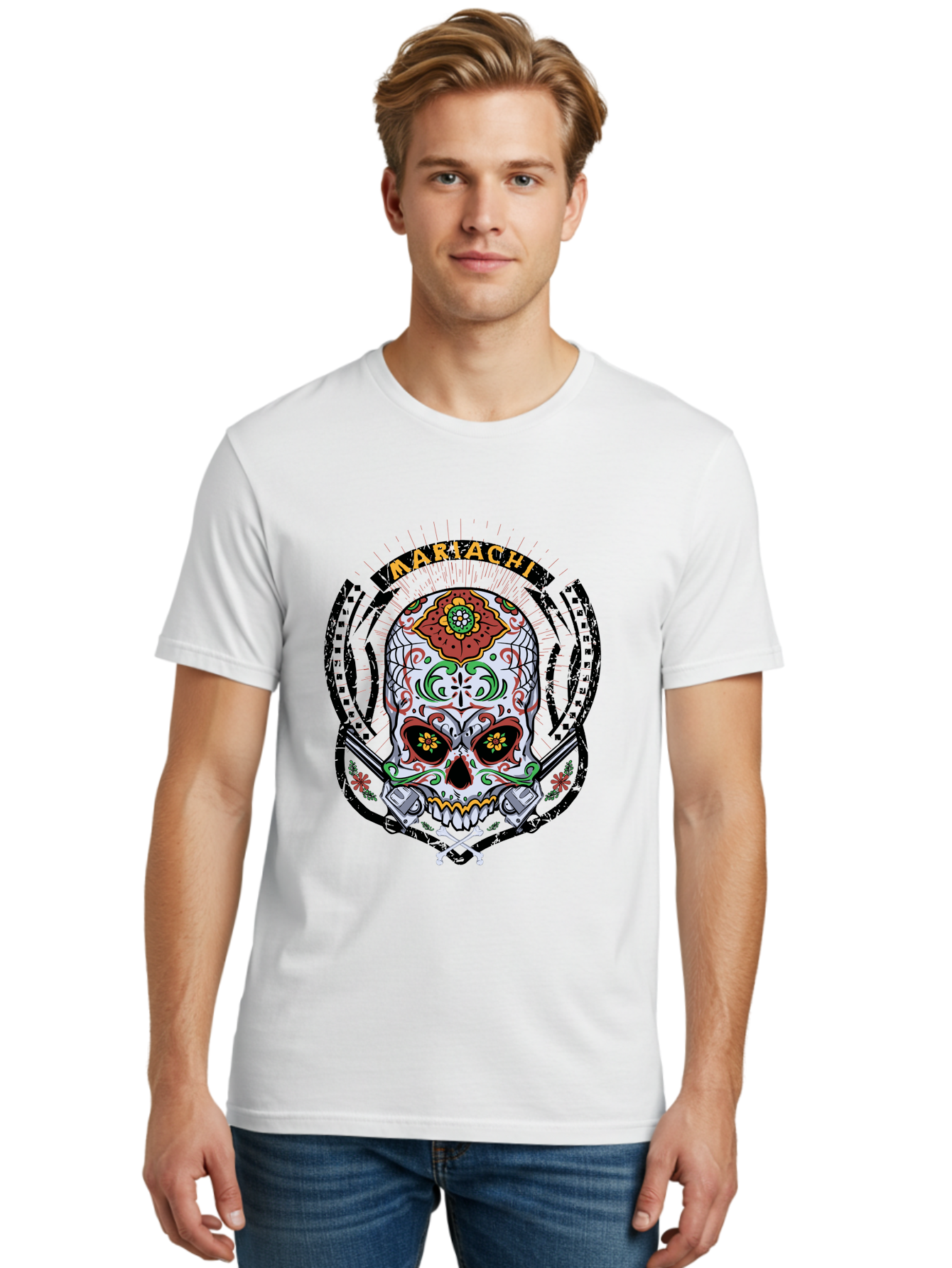 Mariachi Of The Dead Men'S Graphic Tee, 100% Cotton, Comfortable Casual Summer Wear, Machine Washable, Sugar Skull, Mariachi Theme, Floral Designs, Guns, Crossbones, Vibrant Colors, Mexican Culture, Day Of The Dead, Skull Art, Ornate Details, Aae490