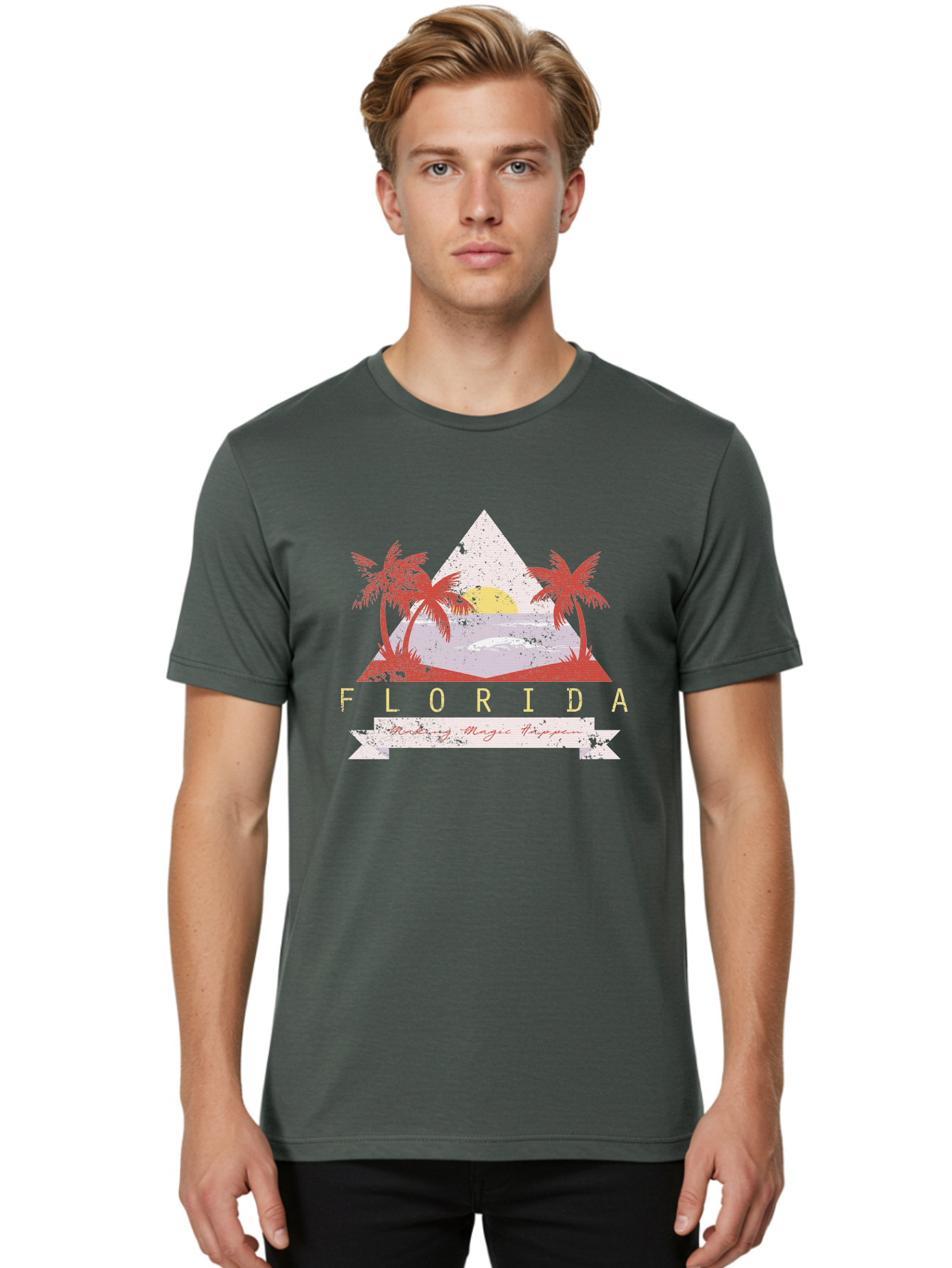 Miamibeach Men'S Graphic Tee, 100% Cotton, Comfortable Casual Summer Wear, Machine Washable, Florida Graphic, Retro Design, Tropical Paradise, Palm Trees, Sun Setting Over Ocean, Vintage Travel Poster, T-Shirt Design, Making Magic Happen Aae498 8