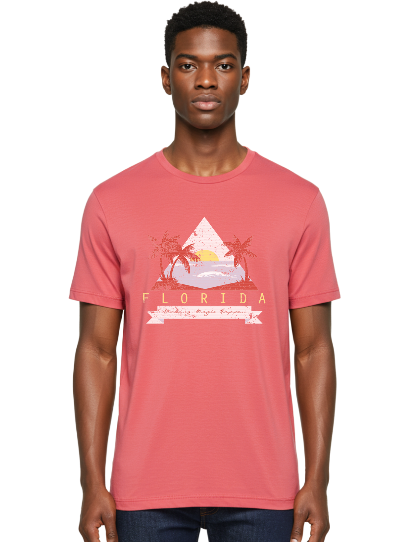 Miamibeach Men'S Graphic Tee, 100% Cotton, Comfortable Casual Summer Wear, Machine Washable, Florida Graphic, Retro Design, Tropical Paradise, Palm Trees, Sun Setting Over Ocean, Vintage Travel Poster, T-Shirt Design, Making Magic Happen Aae498 12