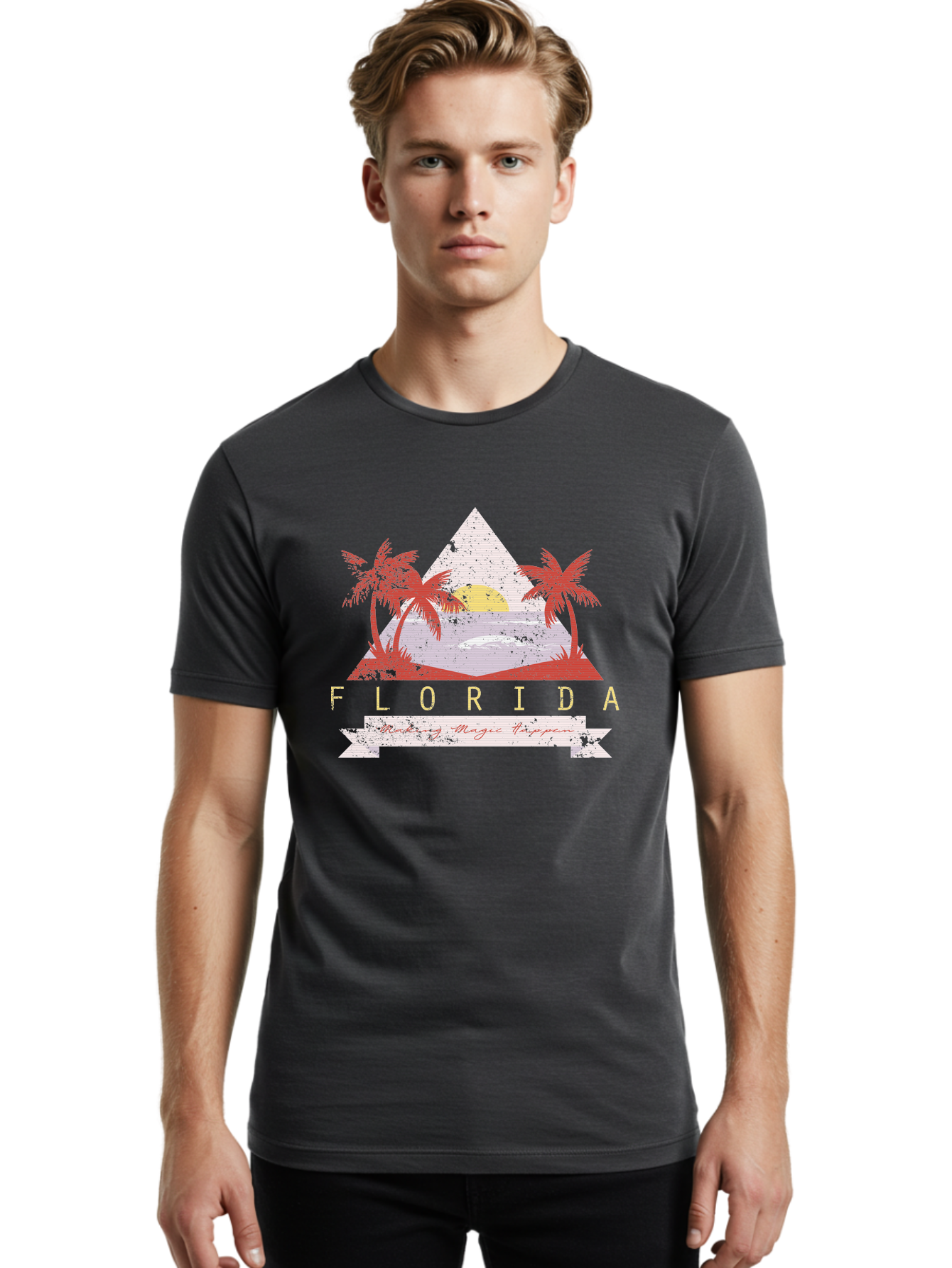 Miamibeach Men'S Graphic Tee, 100% Cotton, Comfortable Casual Summer Wear, Machine Washable, Florida Graphic, Retro Design, Tropical Paradise, Palm Trees, Sun Setting Over Ocean, Vintage Travel Poster, T-Shirt Design, Making Magic Happen Aae498 30