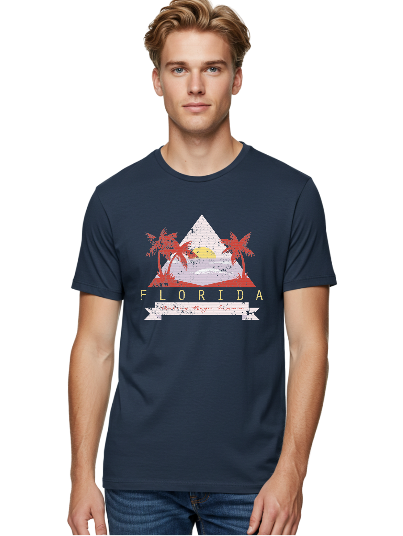 Miamibeach Men'S Graphic Tee, 100% Cotton, Comfortable Casual Summer Wear, Machine Washable, Florida Graphic, Retro Design, Tropical Paradise, Palm Trees, Sun Setting Over Ocean, Vintage Travel Poster, T-Shirt Design, Making Magic Happen Aae498 24