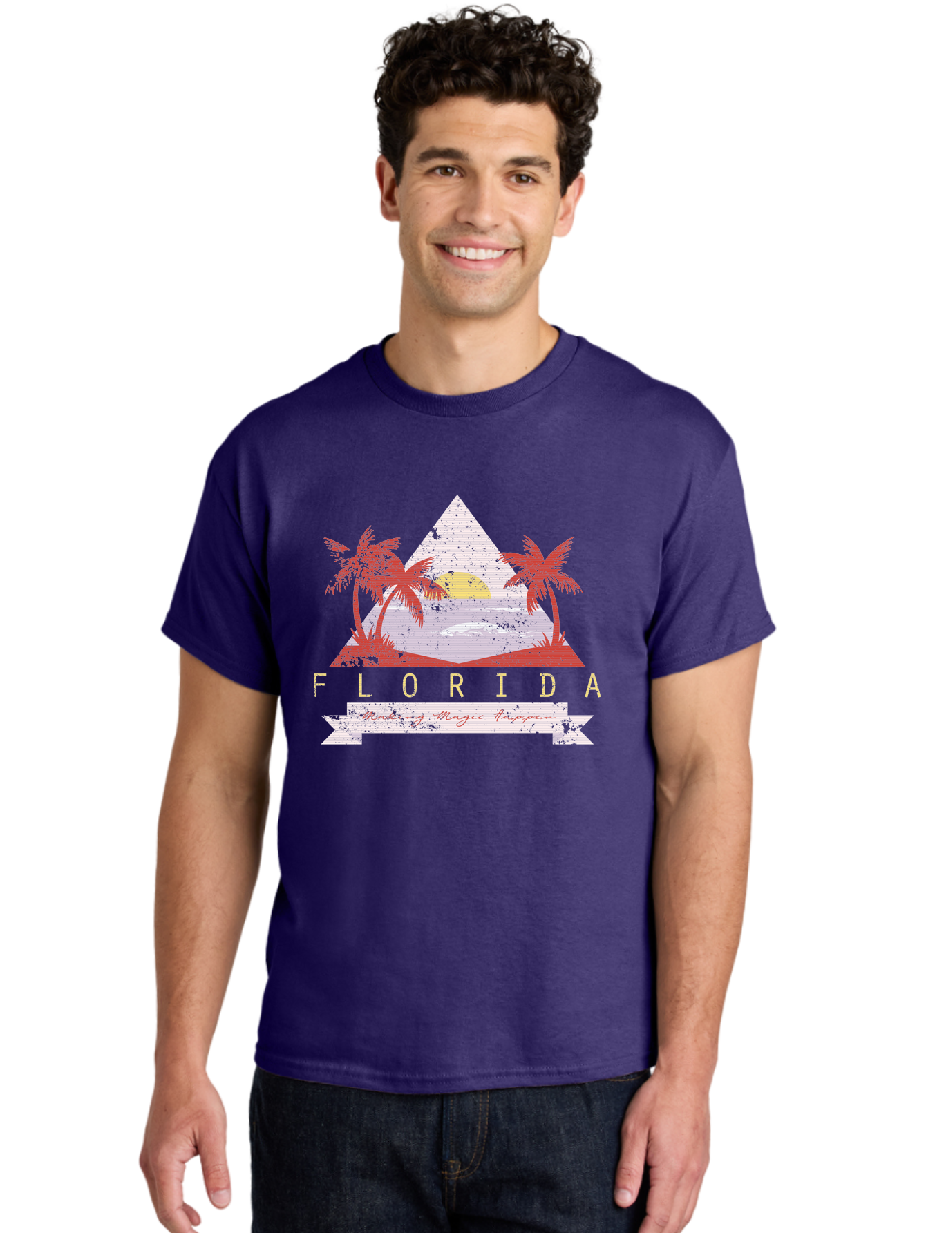 Miamibeach Men'S Graphic Tee, 100% Cotton, Comfortable Casual Summer Wear, Machine Washable, Florida Graphic, Retro Design, Tropical Paradise, Palm Trees, Sun Setting Over Ocean, Vintage Travel Poster, T-Shirt Design, Making Magic Happen Aae498 18
