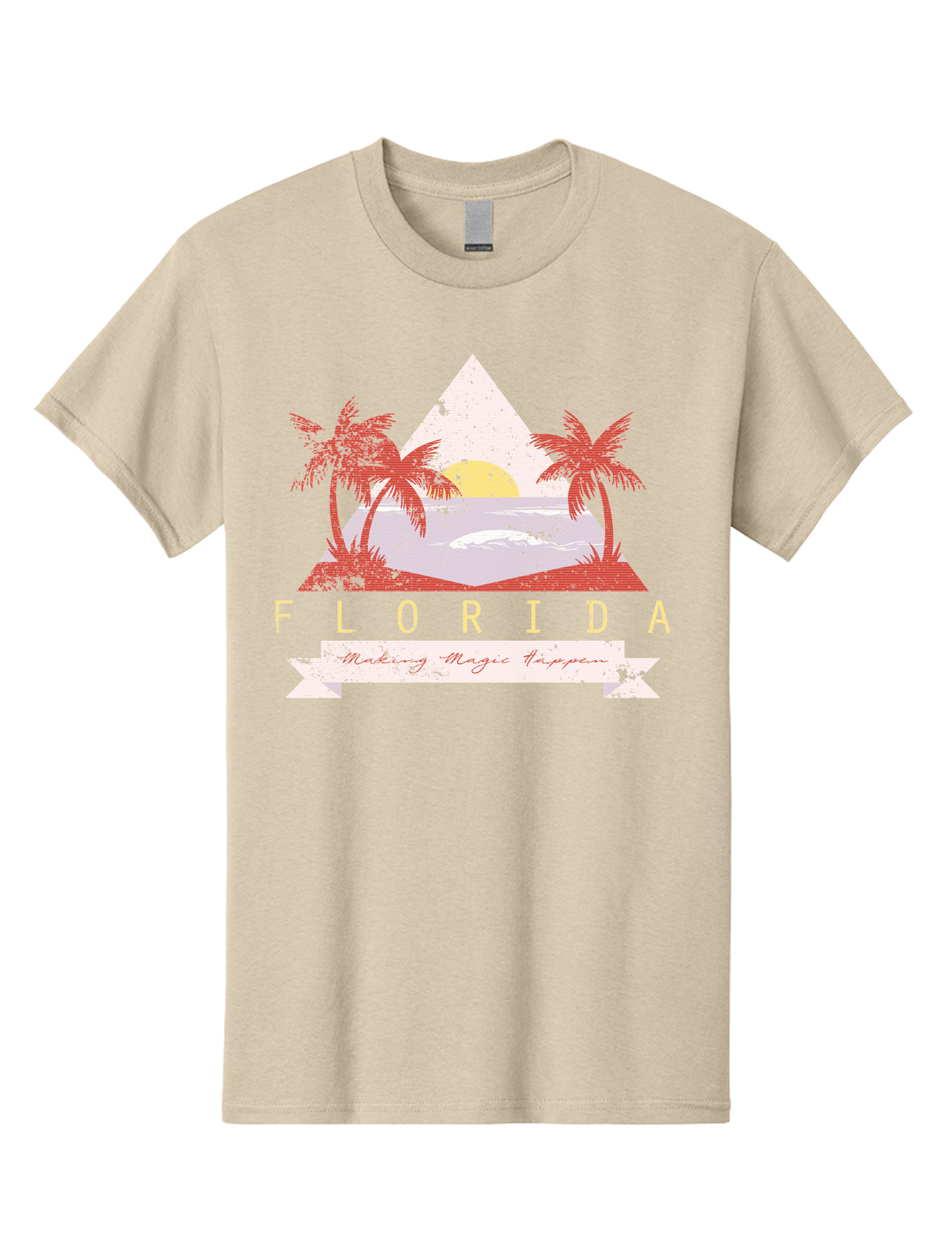 Miamibeach Men'S Graphic Tee, 100% Cotton, Comfortable Casual Summer Wear, Machine Washable, Florida Graphic, Retro Design, Tropical Paradise, Palm Trees, Sun Setting Over Ocean, Vintage Travel Poster, T-Shirt Design, Making Magic Happen Aae498