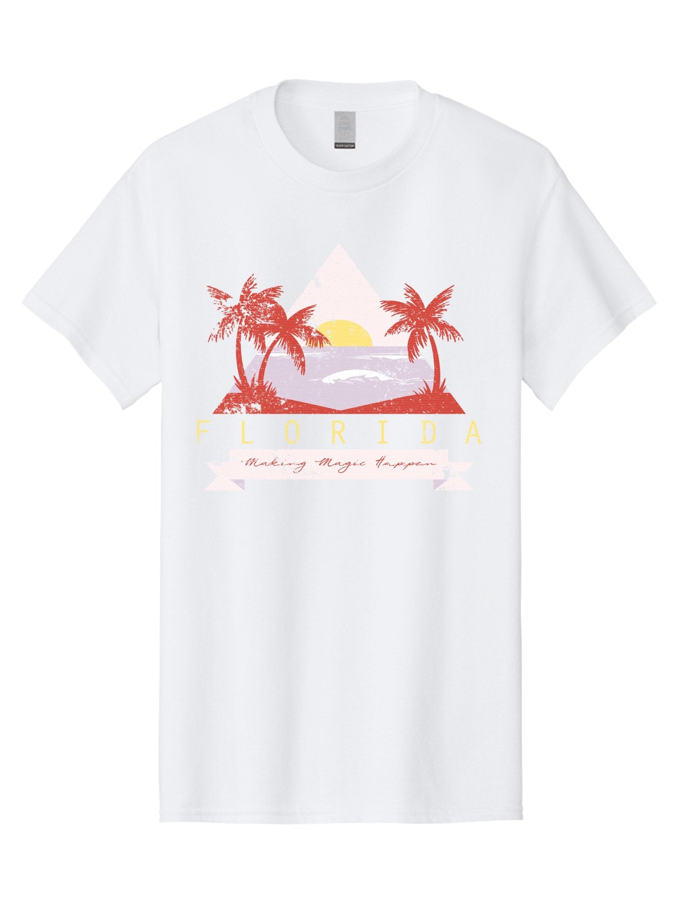 Miamibeach Men'S Graphic Tee, 100% Cotton, Comfortable Casual Summer Wear, Machine Washable, Florida Graphic, Retro Design, Tropical Paradise, Palm Trees, Sun Setting Over Ocean, Vintage Travel Poster, T-Shirt Design, Making Magic Happen Aae498