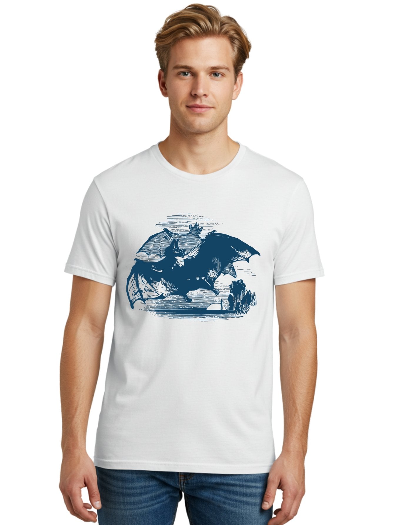 Midnight Bat Flight Men'S Graphic Tee, 100% Cotton, Comfortable Casual Summer Wear, Machine Washable, Vampire Bat Flying, Fantasy Creature, Night Creature, Horror Theme, Gothic Style, Dark Art, Mythical Being, Supernatural Creature, Aae501 17