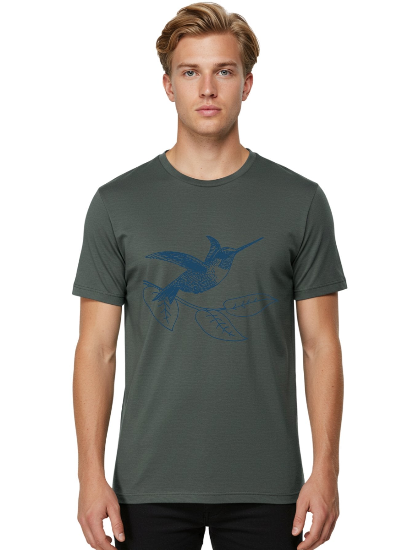 Midnight Colibri Men'S Graphic Tee, 100% Cotton, Comfortable Casual Summer Wear, Machine Washable, Hummingbird In Flight, Bird On Branch, Nature Illustration, Wildlife Art, Avian Design, Intricate Details, Simple Lines Aae502 16