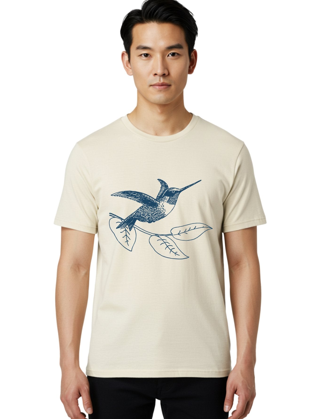 Midnight Colibri Men'S Graphic Tee, 100% Cotton, Comfortable Casual Summer Wear, Machine Washable, Hummingbird In Flight, Bird On Branch, Nature Illustration, Wildlife Art, Avian Design, Intricate Details, Simple Lines Aae502 25