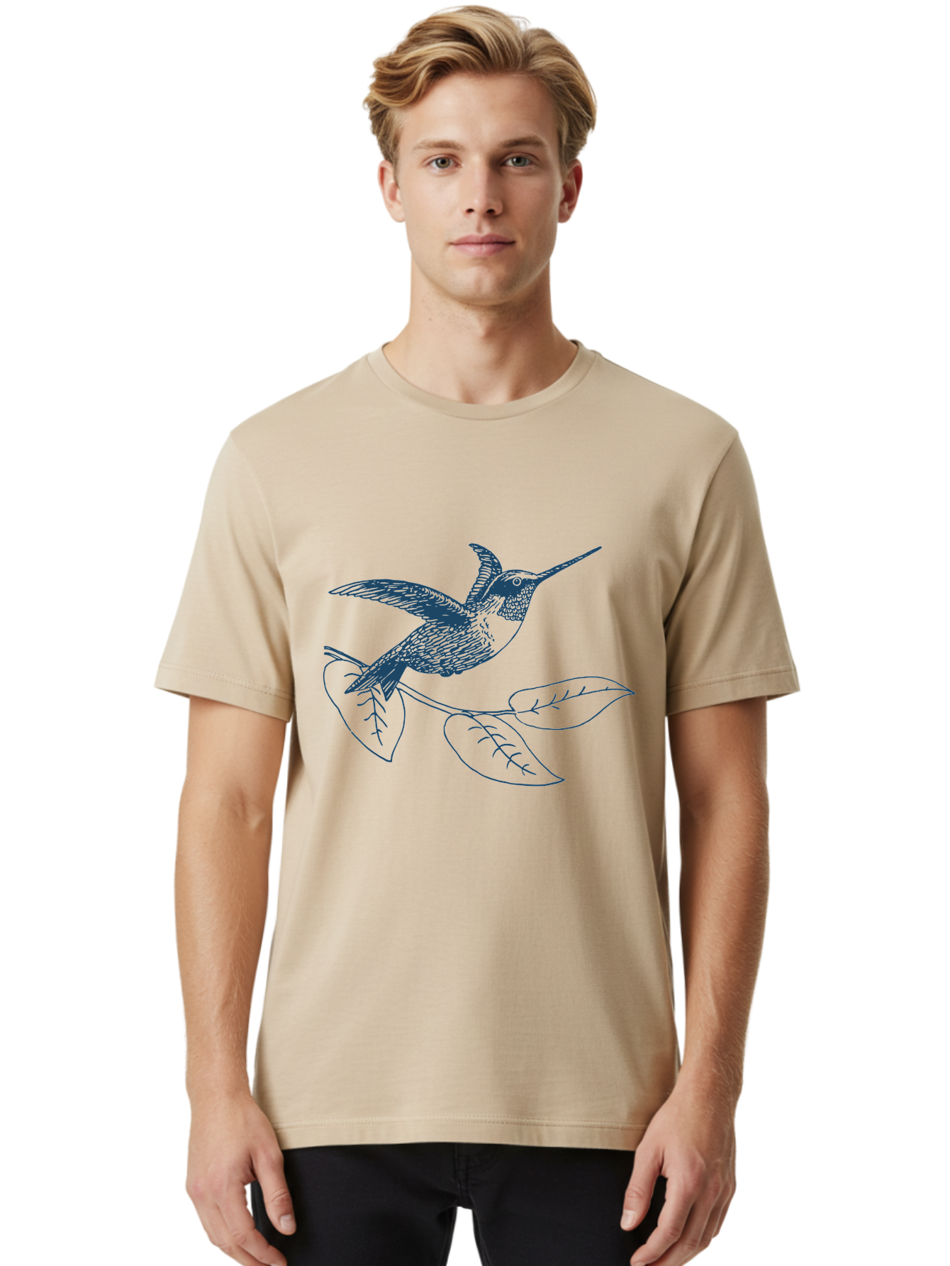 Midnight Colibri Men'S Graphic Tee, 100% Cotton, Comfortable Casual Summer Wear, Machine Washable, Hummingbird In Flight, Bird On Branch, Nature Illustration, Wildlife Art, Avian Design, Intricate Details, Simple Lines Aae502 12