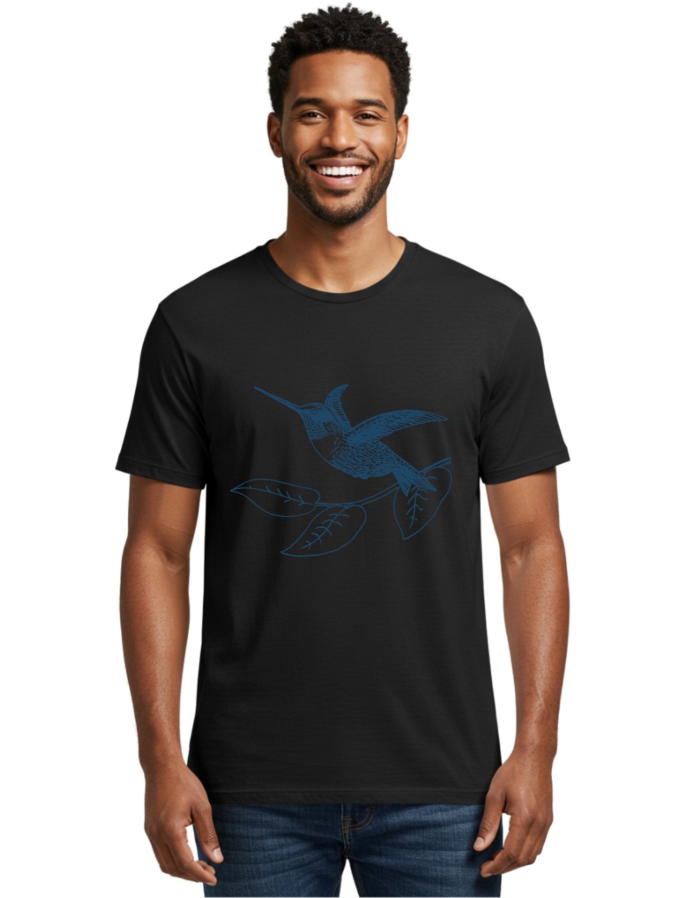 Midnight Colibri 2 Men'S Graphic Tee, 100% Cotton, Comfortable Casual Summer Wear, Machine Washable, Hummingbird Perched On Branch, Line Art, Minimalist Design, Simple Shapes, Bird In Flight, Leaves, Natural Elements, Illustration Art, Aae503 28
