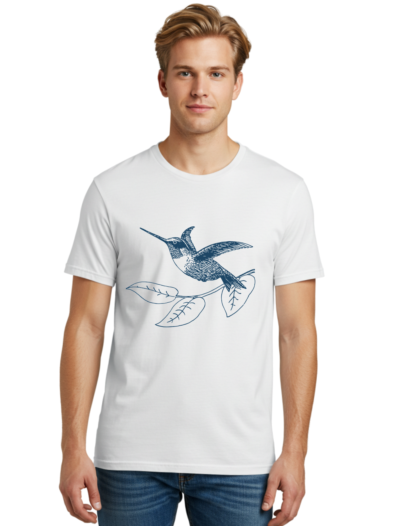 Midnight Colibri 2 Men'S Graphic Tee, 100% Cotton, Comfortable Casual Summer Wear, Machine Washable, Hummingbird Perched On Branch, Line Art, Minimalist Design, Simple Shapes, Bird In Flight, Leaves, Natural Elements, Illustration Art, Aae503 8