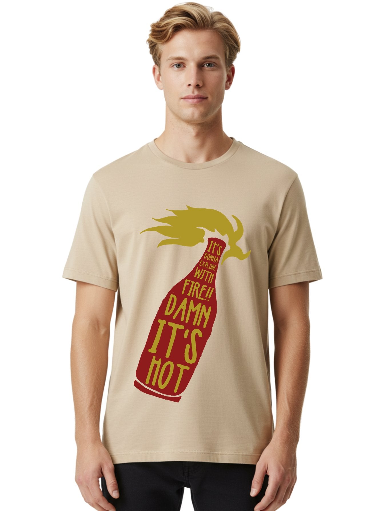 Molotov Explode Men'S Graphic Tee, 100% Cotton, Comfortable Casual Summer Wear, Machine Washable, Hot Sauce, Spicy Food, Condiment Bottle, Fire, Explosion, Bold Typography, Fiery Flavor, Culinary Art Aae506 24