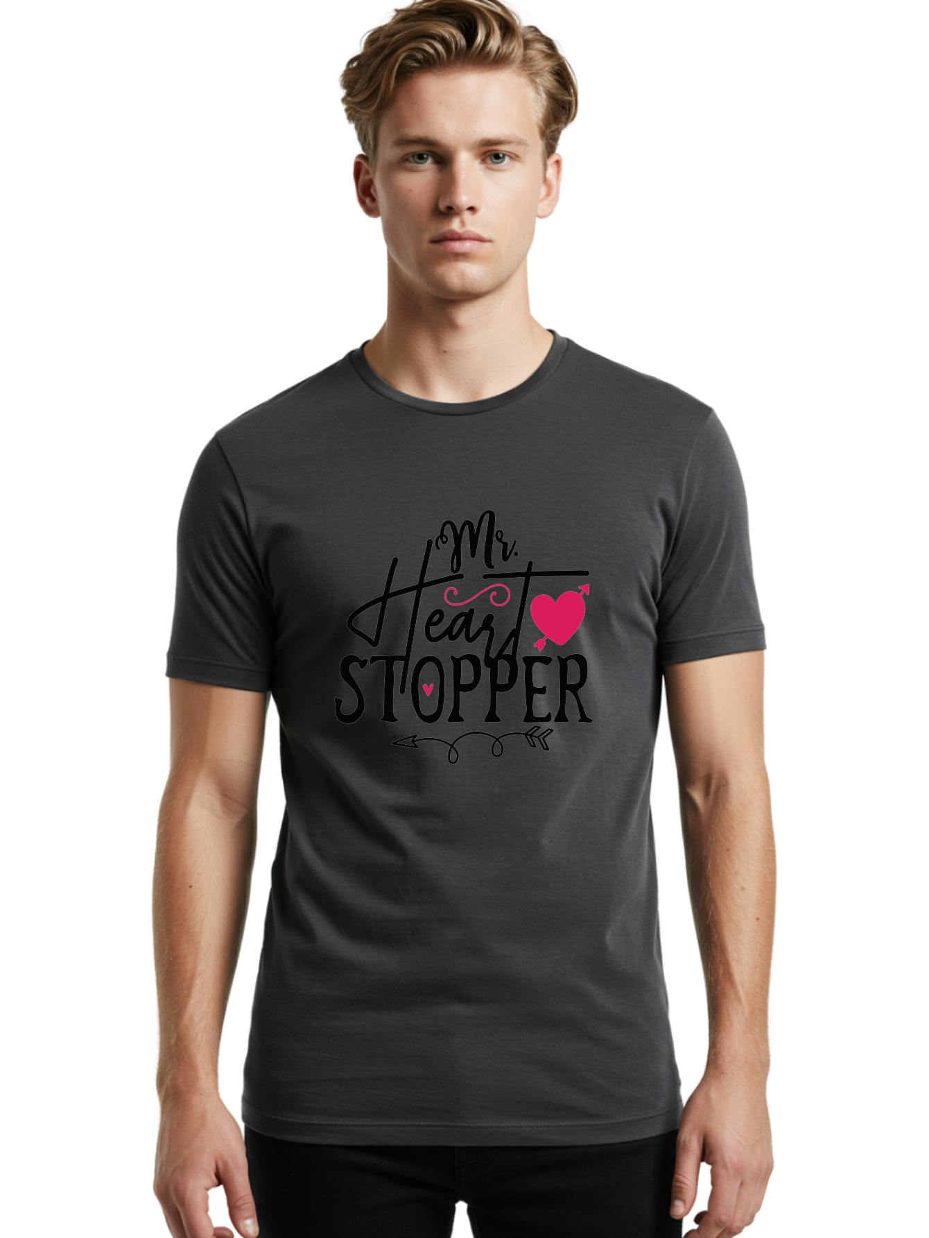 Mr. Heart Stopper Men'S Graphic Tee, 100% Cotton, Comfortable Casual Summer Wear, Machine Washable, Heartstopper, Love Quote, Heartwarming Phrase, Cute Design, Mr. Heartstopper, Arrow Symbol, Pink Heart, Romantic Gesture Aae514 24