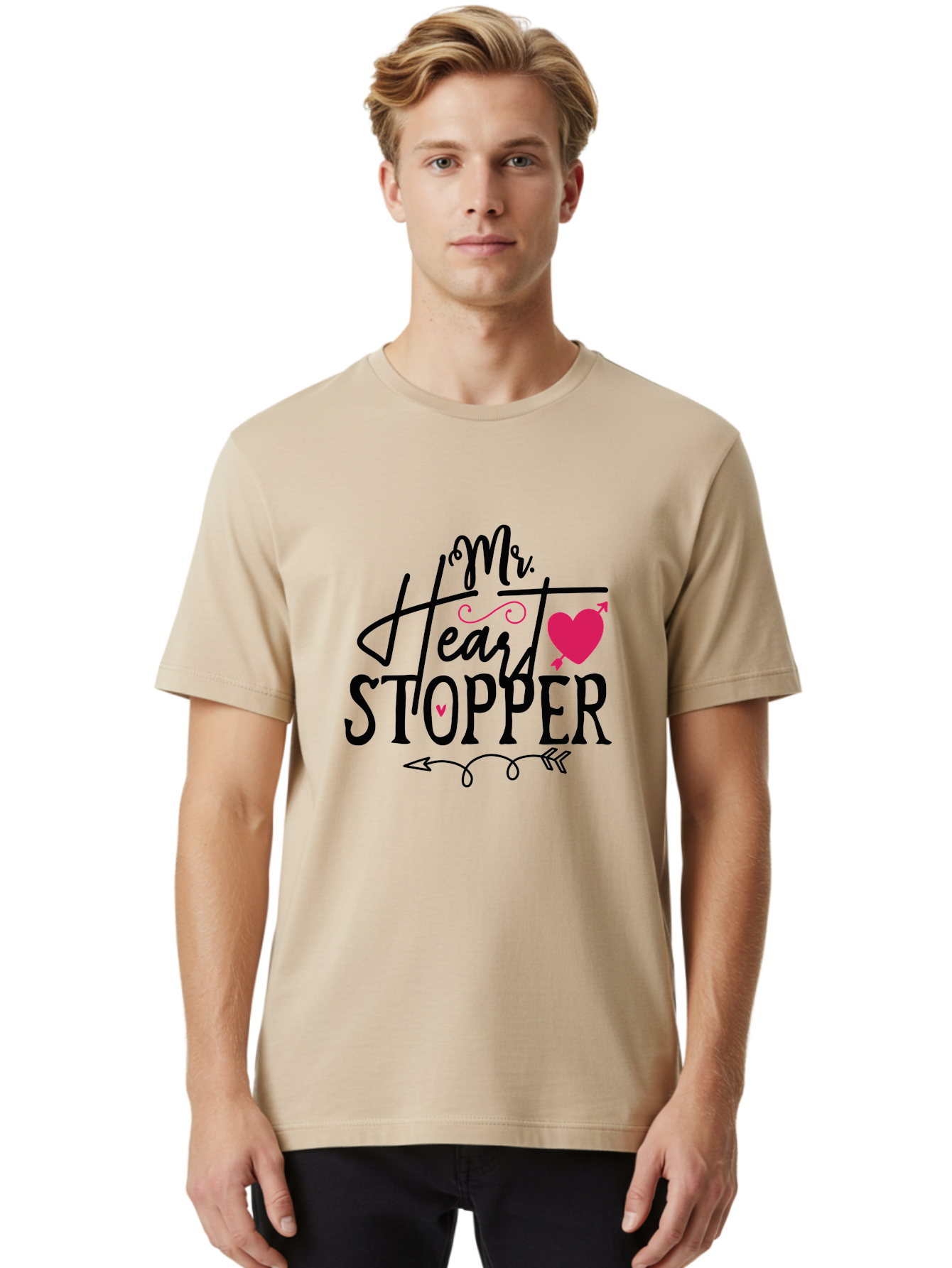Mr. Heart Stopper Men'S Graphic Tee, 100% Cotton, Comfortable Casual Summer Wear, Machine Washable, Heartstopper, Love Quote, Heartwarming Phrase, Cute Design, Mr. Heartstopper, Arrow Symbol, Pink Heart, Romantic Gesture Aae514